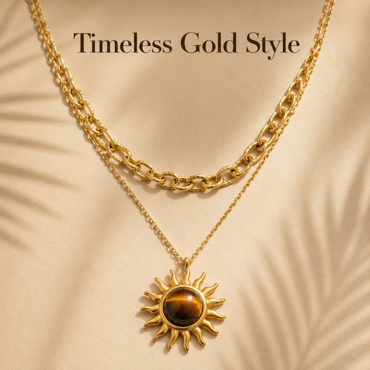Gold Stainless Steel Tiger Stone Sun Necklace Layered Chain Pendant Jewelry Gift
