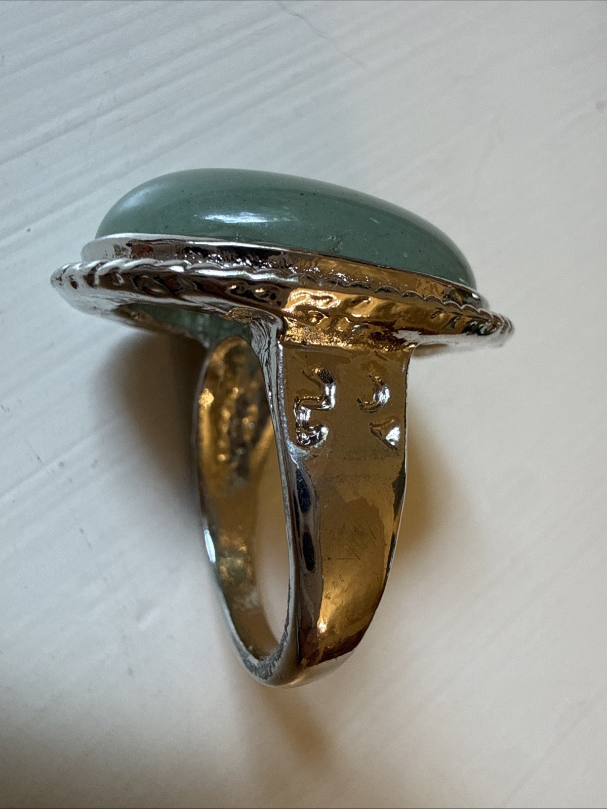 Crystal Cocktail Ring Green Aventurine Semi Precious Gemstone Open Back Bezel