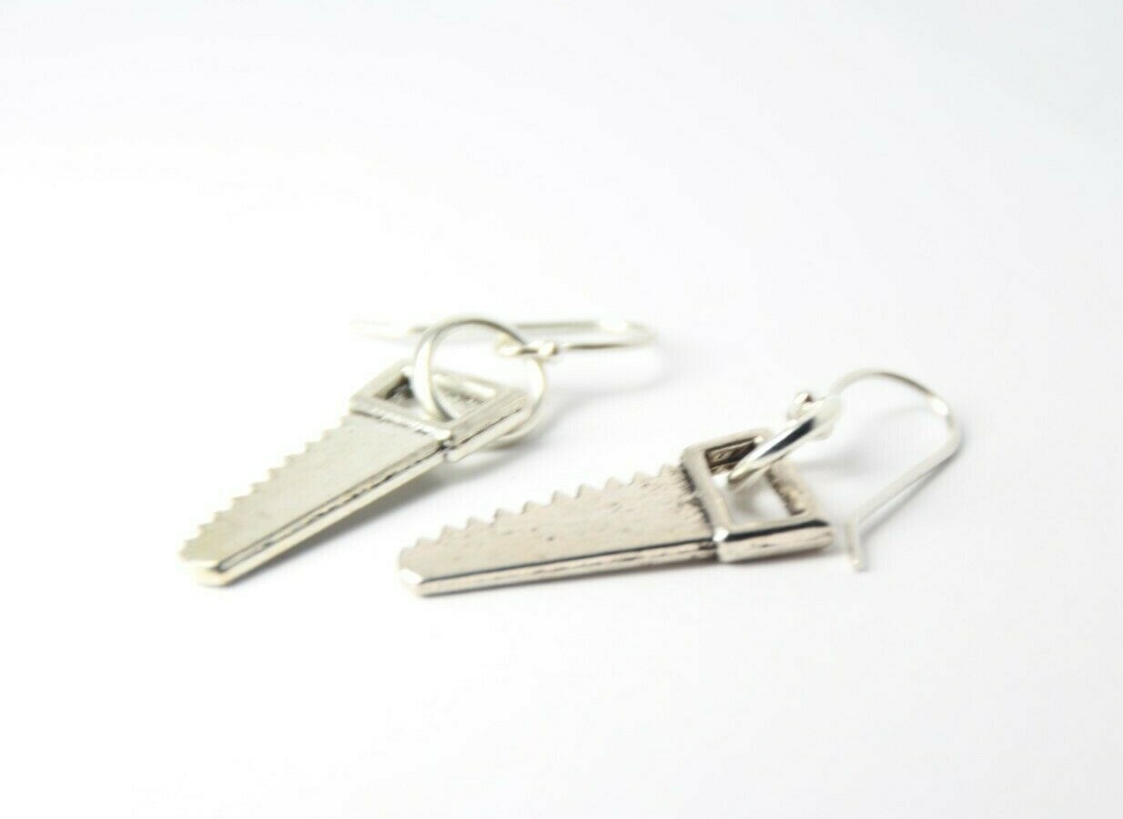 Hand Saw Charm Earrings Construction 925 sterling silver hooks, pewter charms
