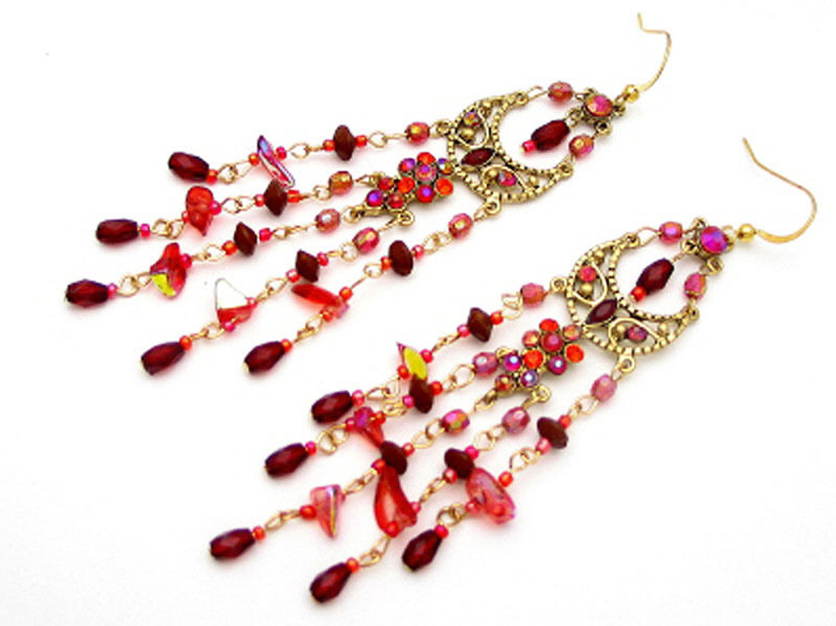 DESIGNER 4.5 in BLUE RED GREEN BROWN CRYSTAL SHELL CHANDELIER GOLD EARRINGS