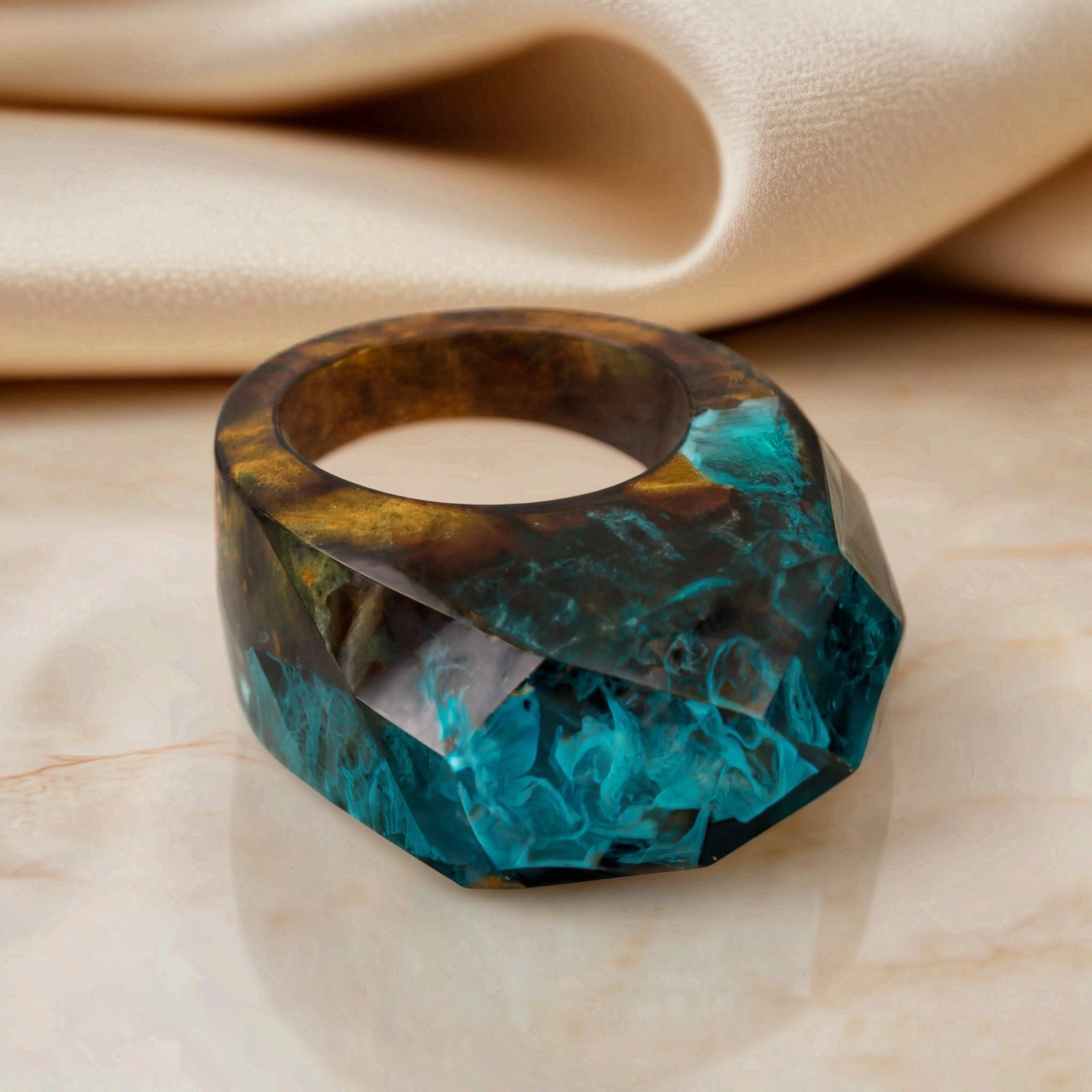 Wood Resin Ring Ocean Blue Epoxy Landscape Faceted Statement Ring Handmade Band