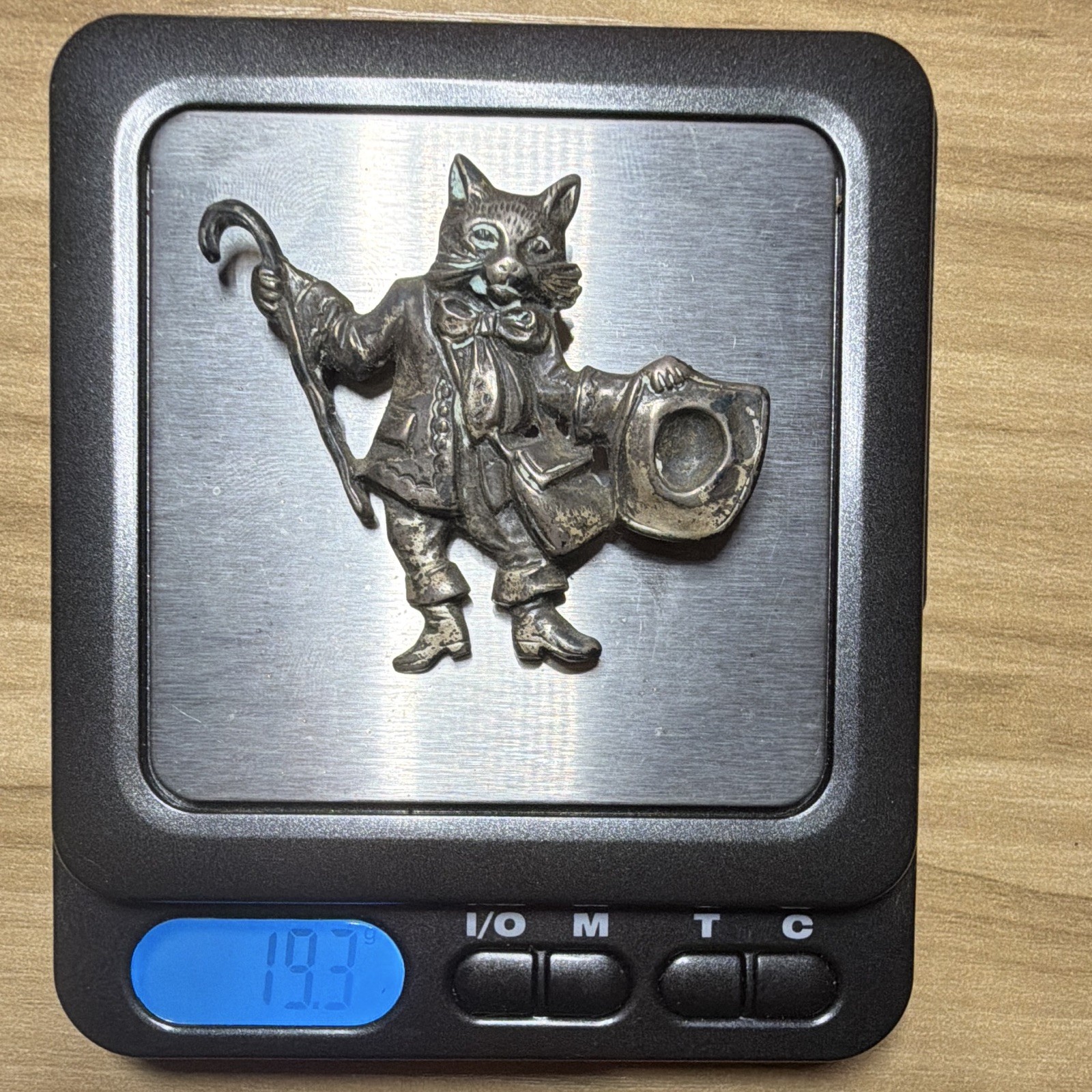 Vintage Brooch, Cat with a hat and cane, “Sterling” stamp
