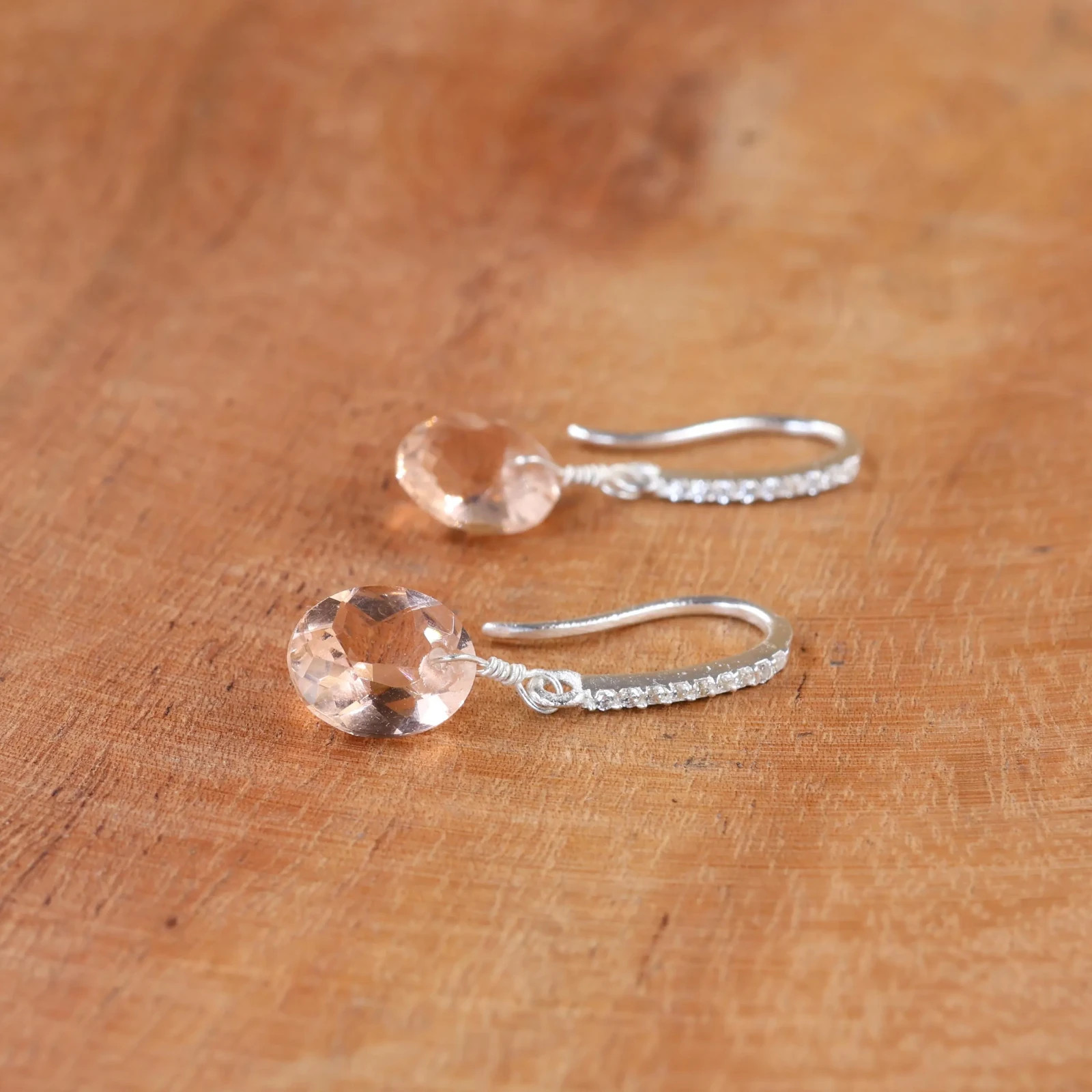 Peach Morganite Hook Earrings, Handmade Gemstone Jewelry, Chic Statement Earring