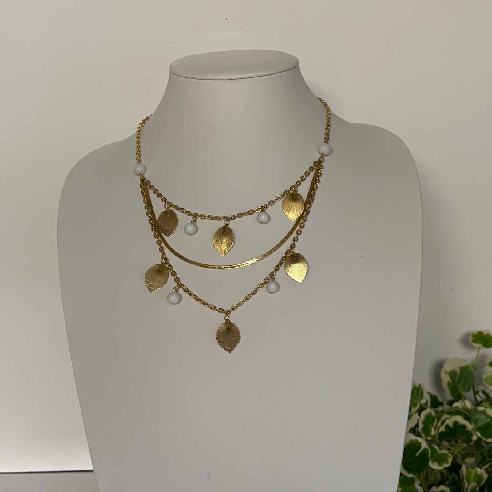 Gold-Plated Layered Necklace Textured Leaf White Bead Dangles Korea Timeless NEW