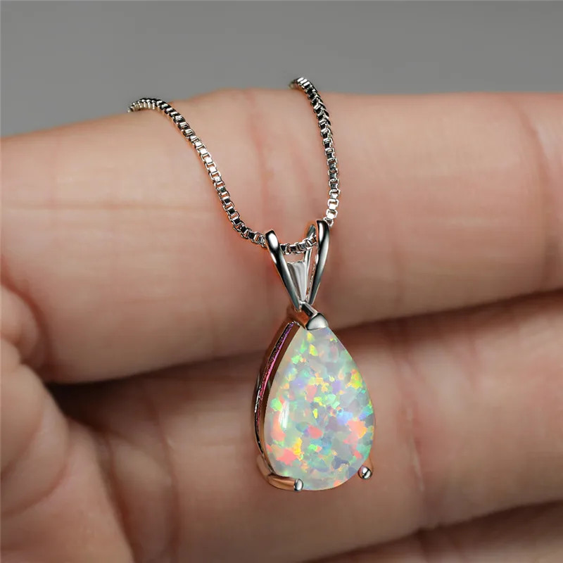 Boho Female Small Blue Green Opal Water Drop Pendant Necklace Silver Color Weddi