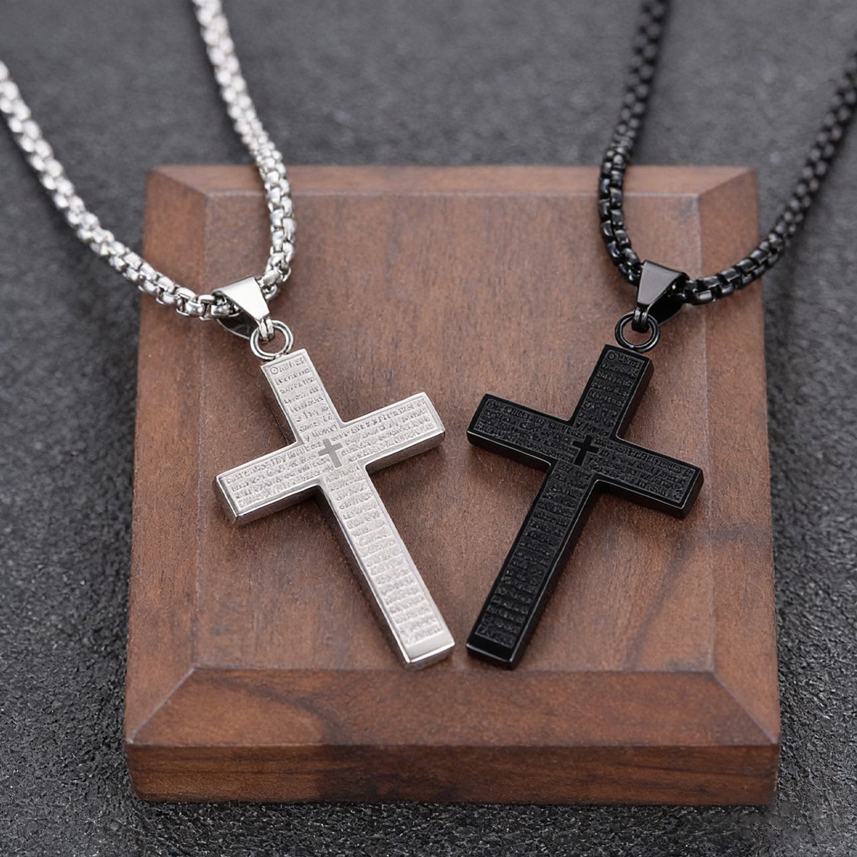 Men’s Stainless Steel Lord’s Prayer Cross Pendant Religious Necklace