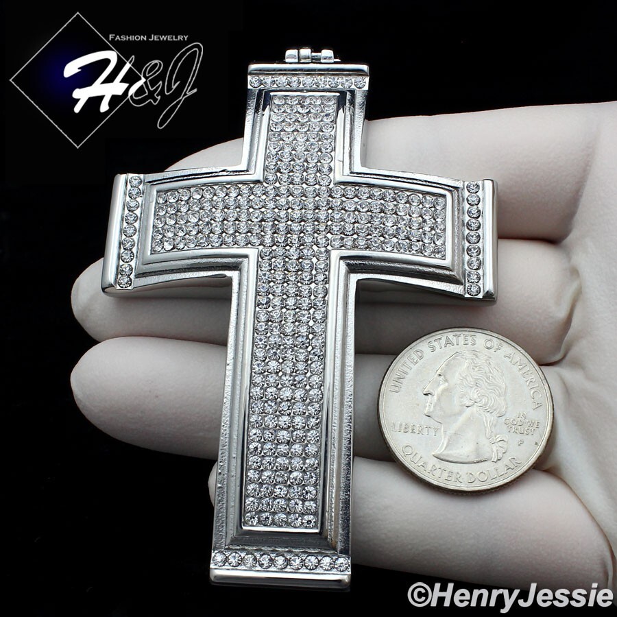 36″MEN Stainless Steel 9mm Silver Cuban Curb Chain BIG ICY CZ Cross Pendant*IP20