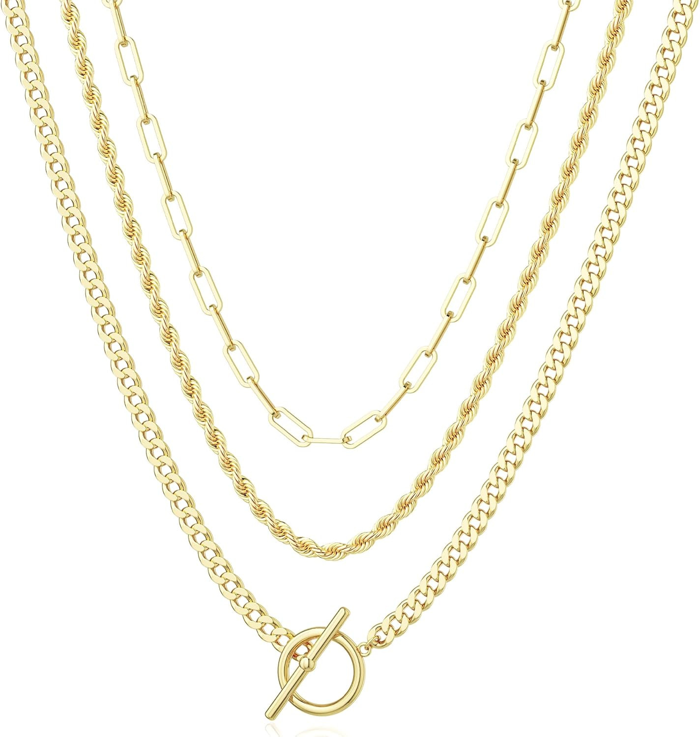 Layered Necklaces for Women – 14K Gold Plated Stack Necklace Paperclip Rope Cuba