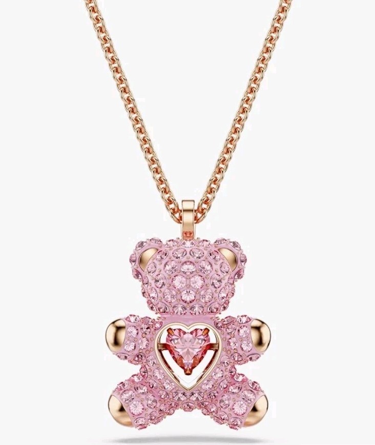 Swarovski Teddy Bear Pendant Necklace Pink Crystals Rose Gold 5642976