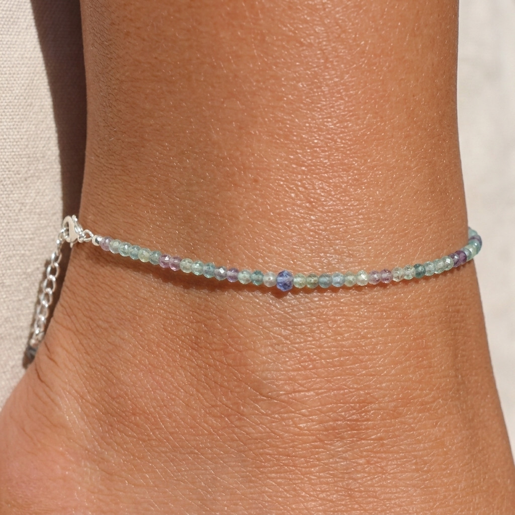 Natural Rainbow Fluorite Anklet 2mm Tiny Faceted Stone Beaded Healing Anklet