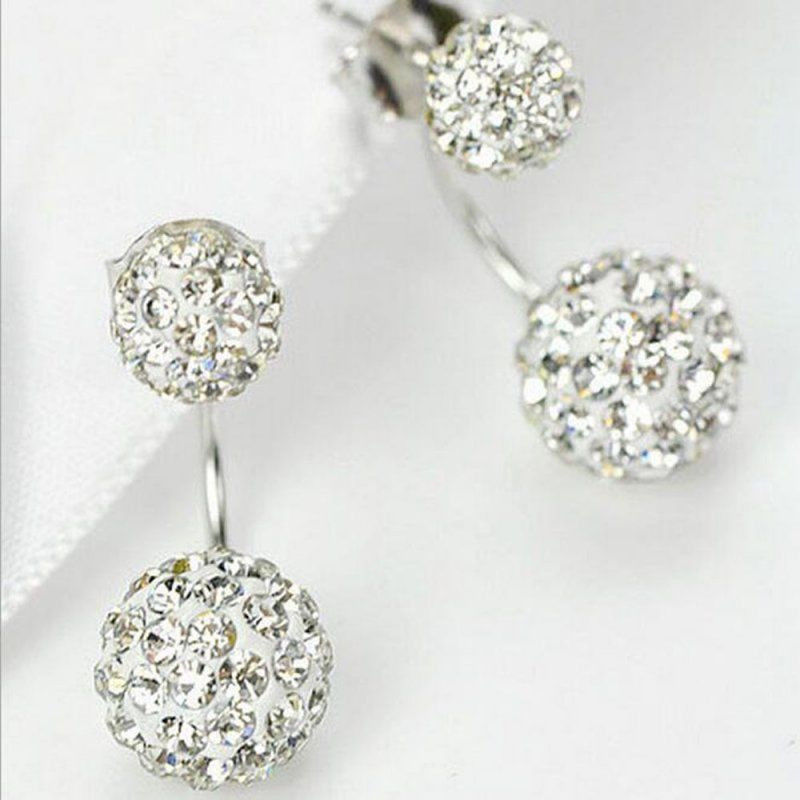 1 Pair Silver Women Lady Jewelry Double Beaded Rhinestone Crystal Stud Earrings
