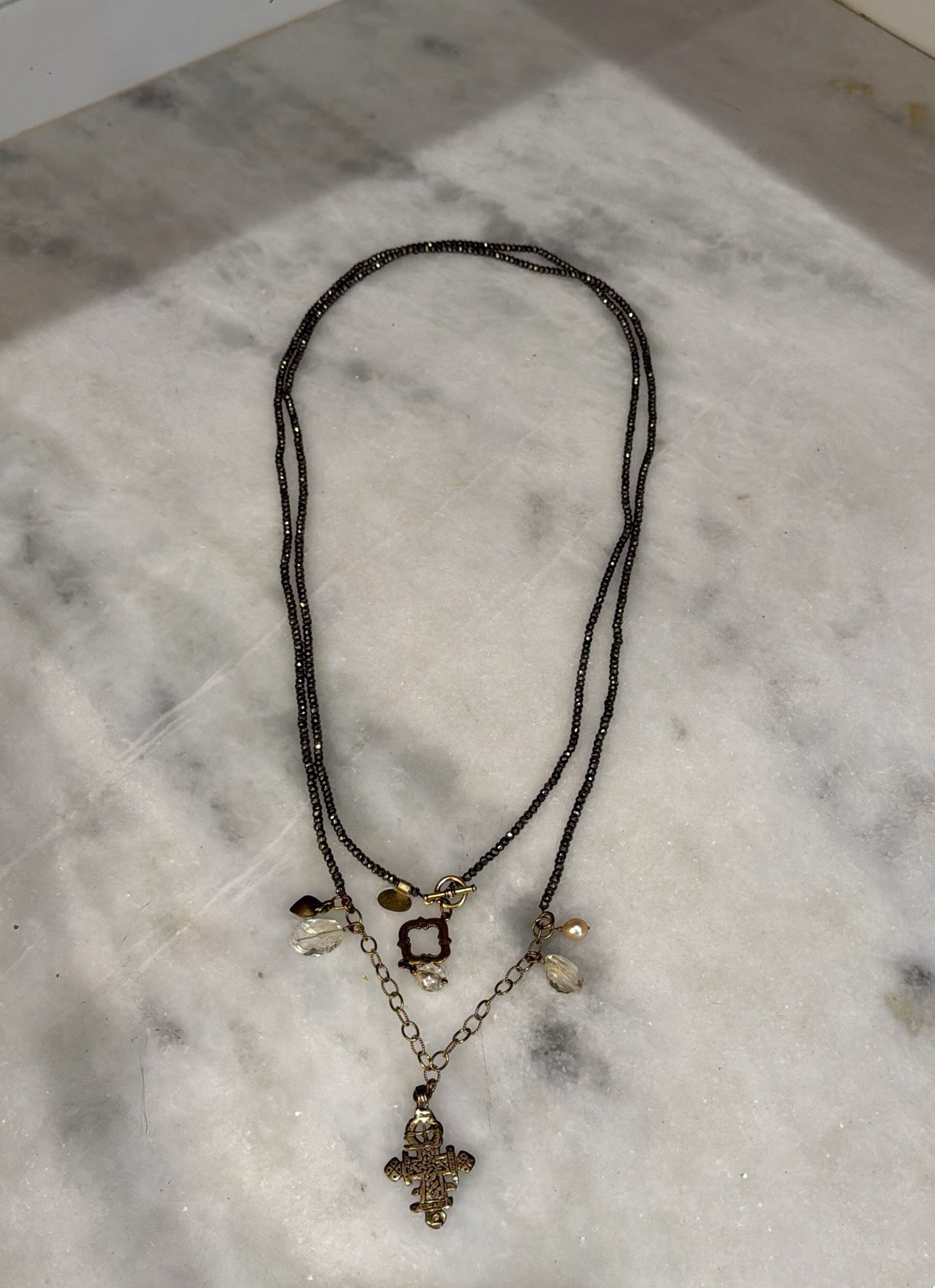 Bittersweet Designs Pyrite Chain W/ Cross Pendant & Charms Layered Necklace 66”