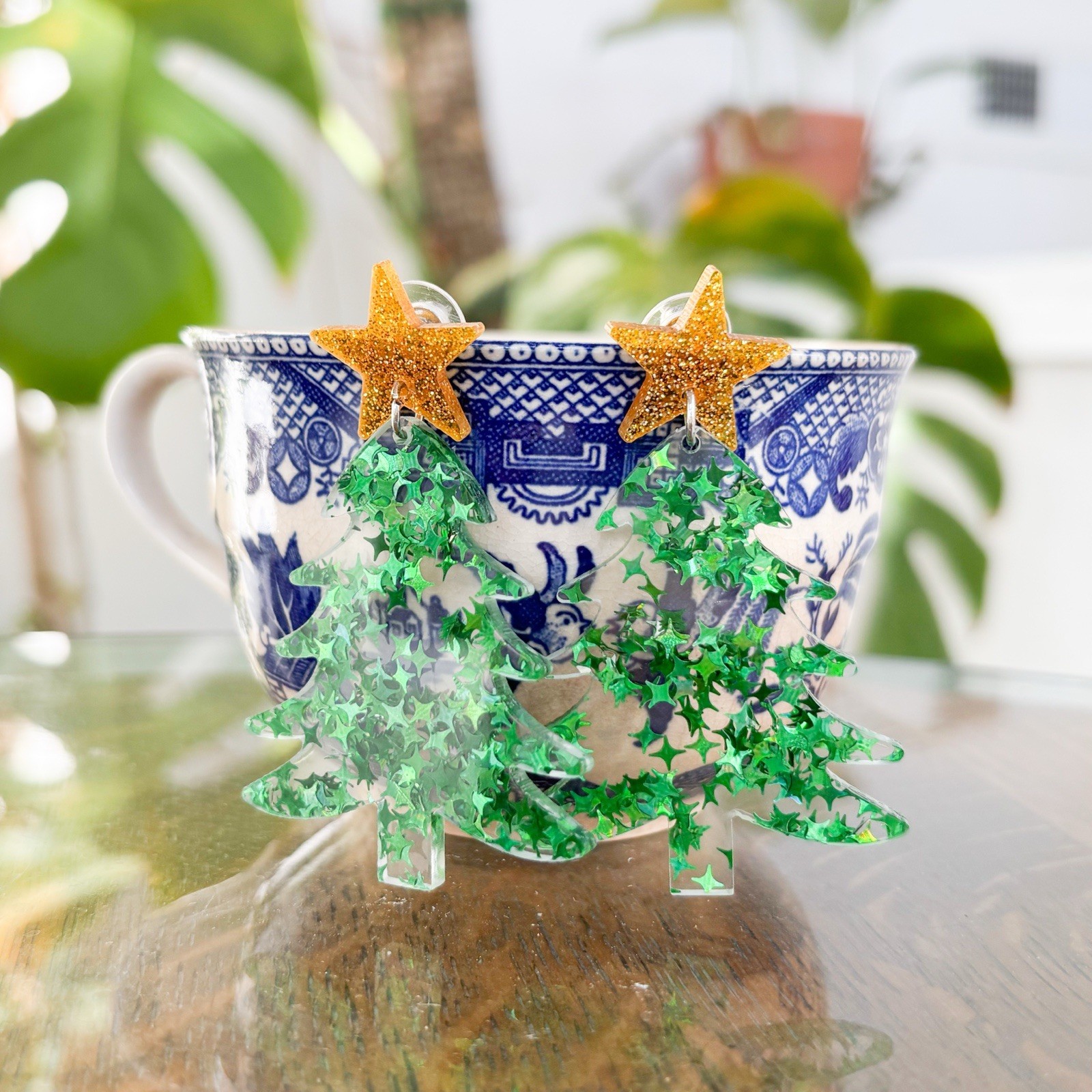 Green Glitter Christmas Tree Earrings Vintage Inspired Nostalgic