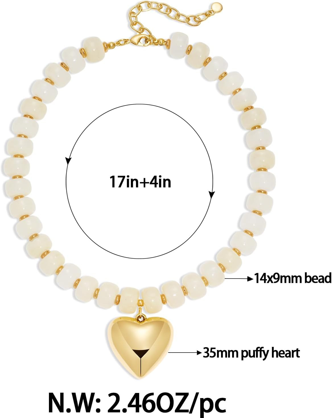 Puffy Gold Heart Necklaces for Women Chunky Beaded Necklace in Several Colorways