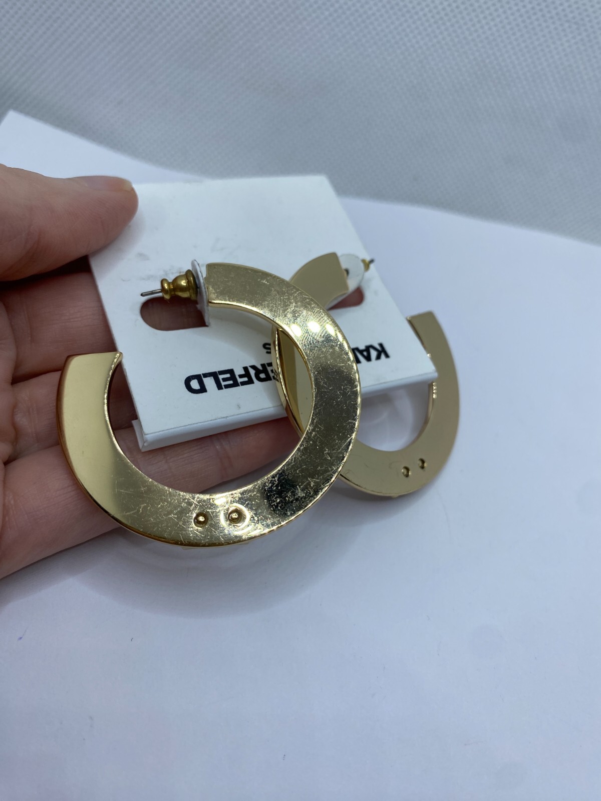 Karl Lagerfeld Gold Plated Flat Hoop Pierced Earrings Crystal KL Logo