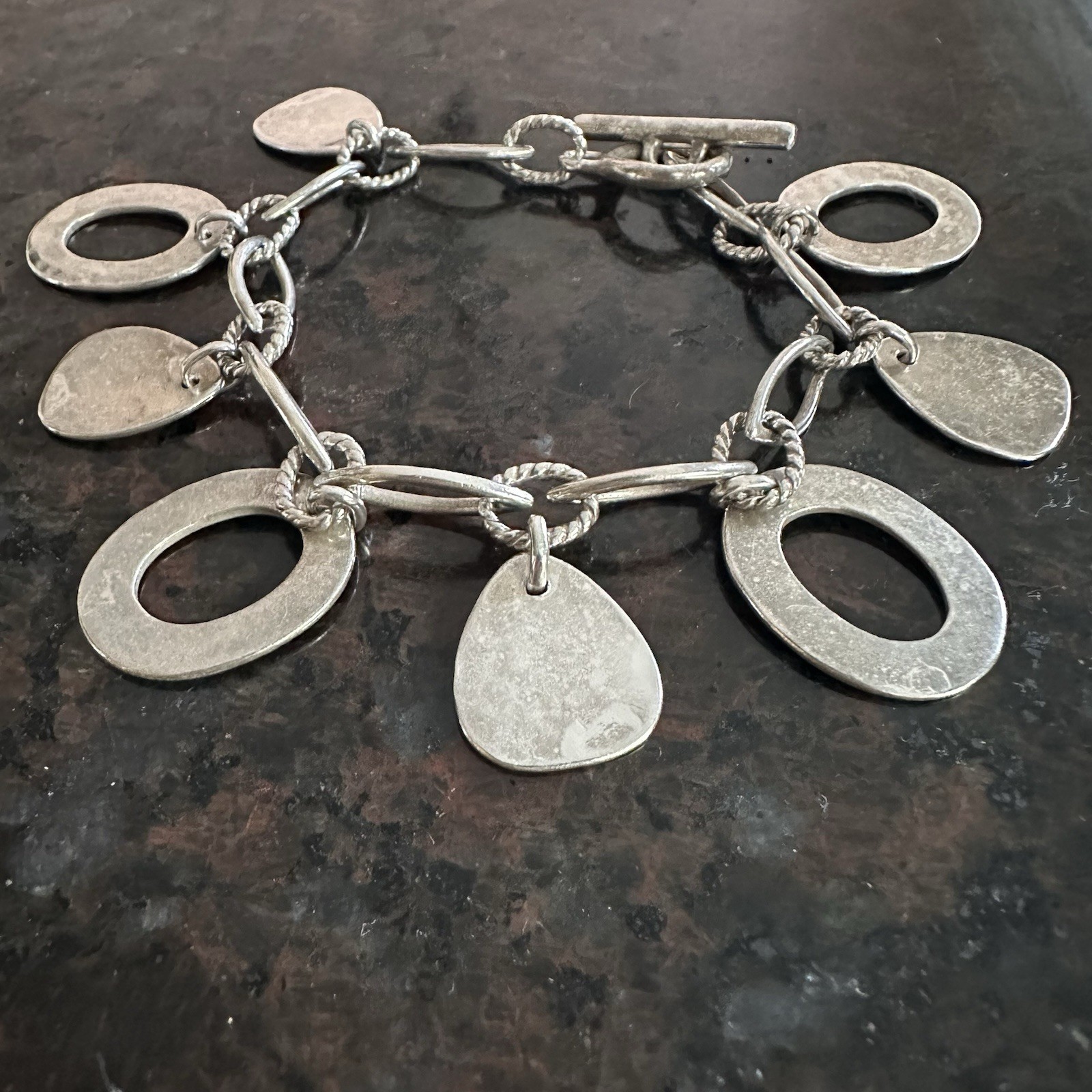 Vintage 925 Sterling Silver Open Oval & Triangle Charm Bracelet 6.75” 30g