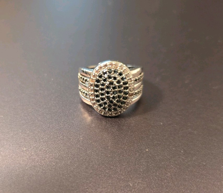 Silver Plated Black Spinel /CZ Cocktail Statement Ring
