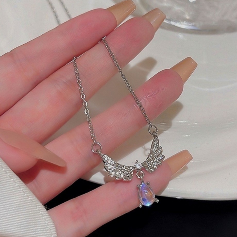 Sparkling Crystal Angel Wings Silver Plated Rainbow Teardrop Charm Necklace