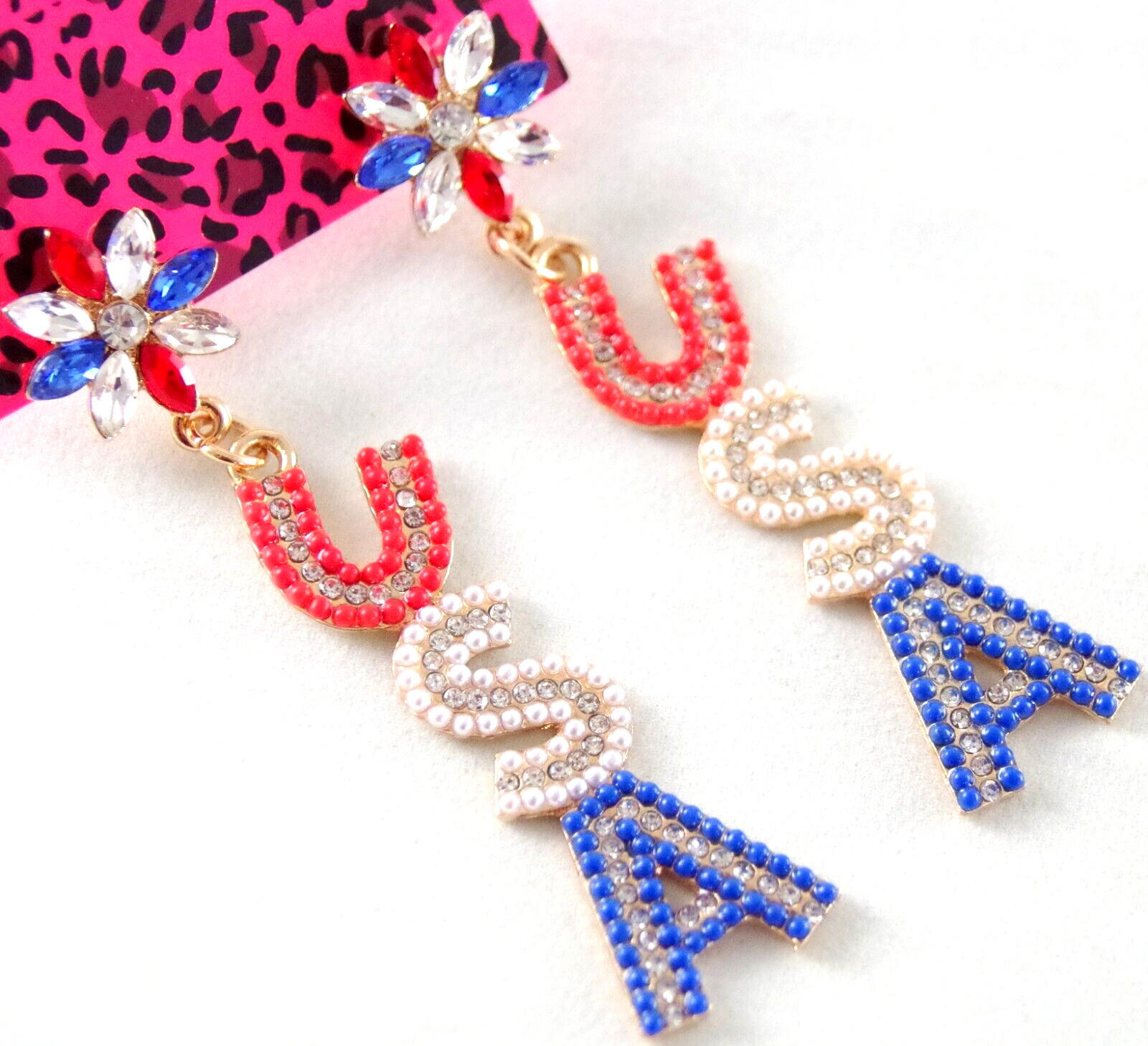 3″ BETSEY JOHNSON PATRIOTIC USA RED WHITE & BLUE RHINESTONE DROP DANGLE EARRINGS