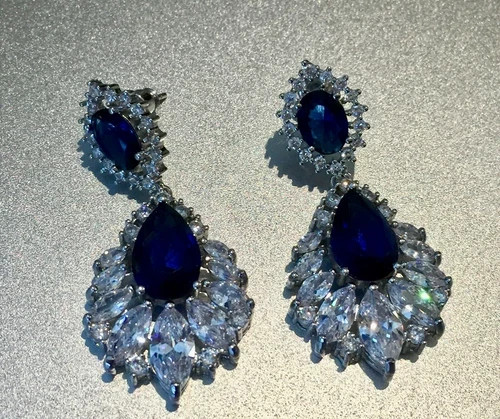 18k Platinum Plated Earrings Made Simulated Diamond Blue Marquise Stone