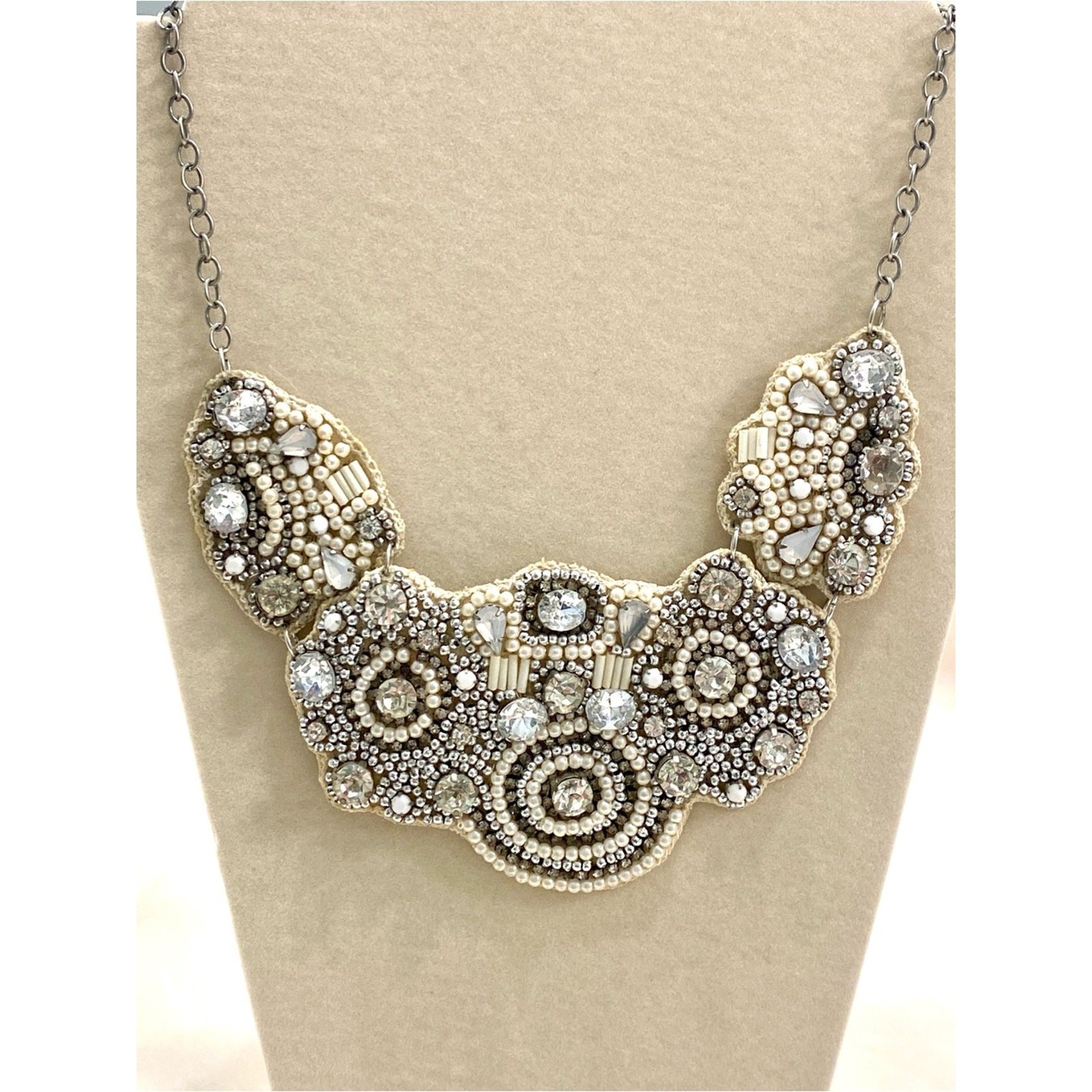 Unique Vintage Cream and Silver Beaded Bib Necklace