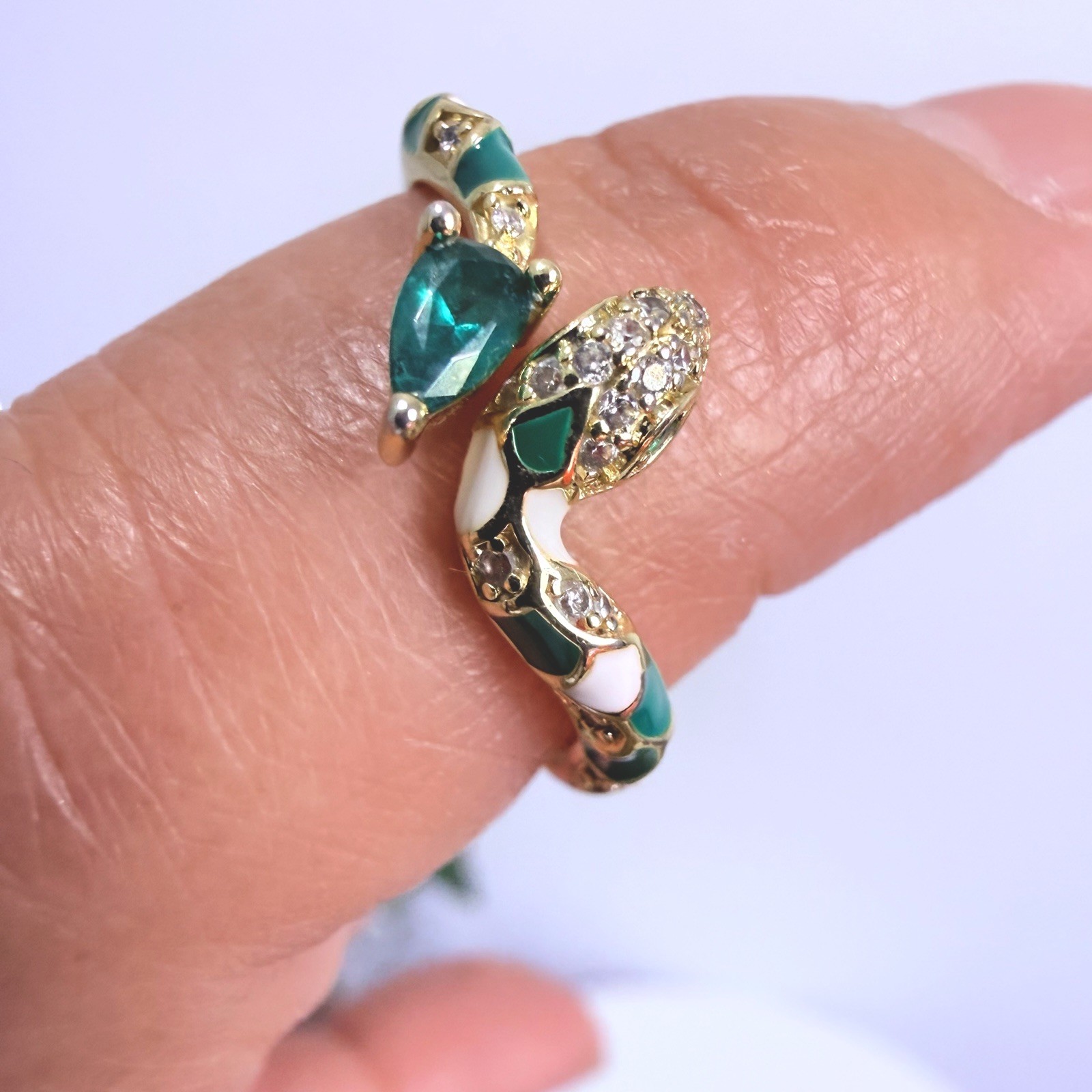 Green & Cubic Z Coiled Snake Serpent Open Bypass Cuff Ring Sz 7 Adjustable