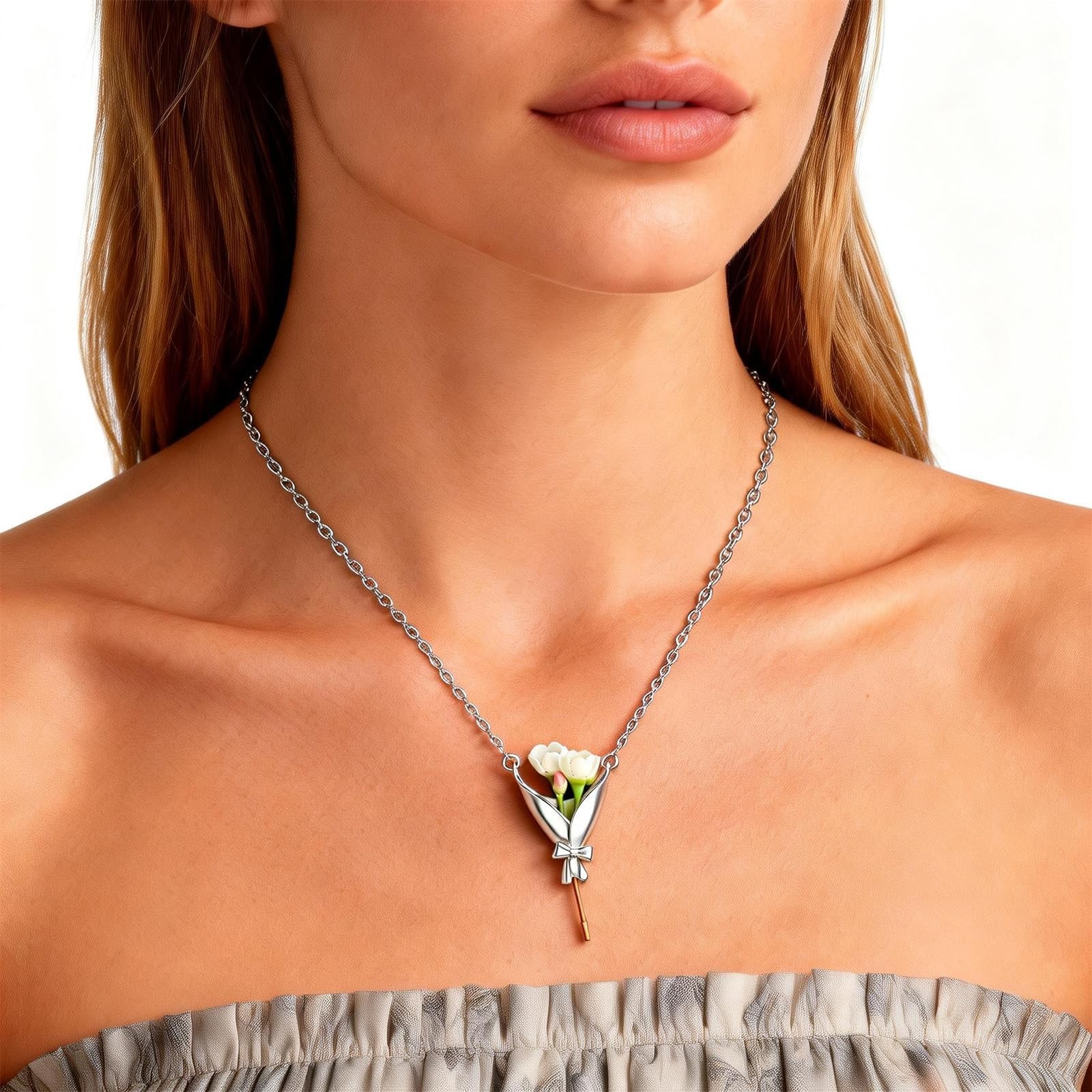 Mothers Day Gift Silver Flower Holder Necklace Jewelry For Mom Women For Her