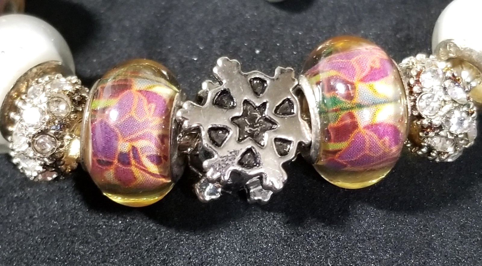 7.9″ SNOWFLAKE CHARM MURANO LAMPWORK GLASS BEADS RHINESTONE SPACERS BRACELET