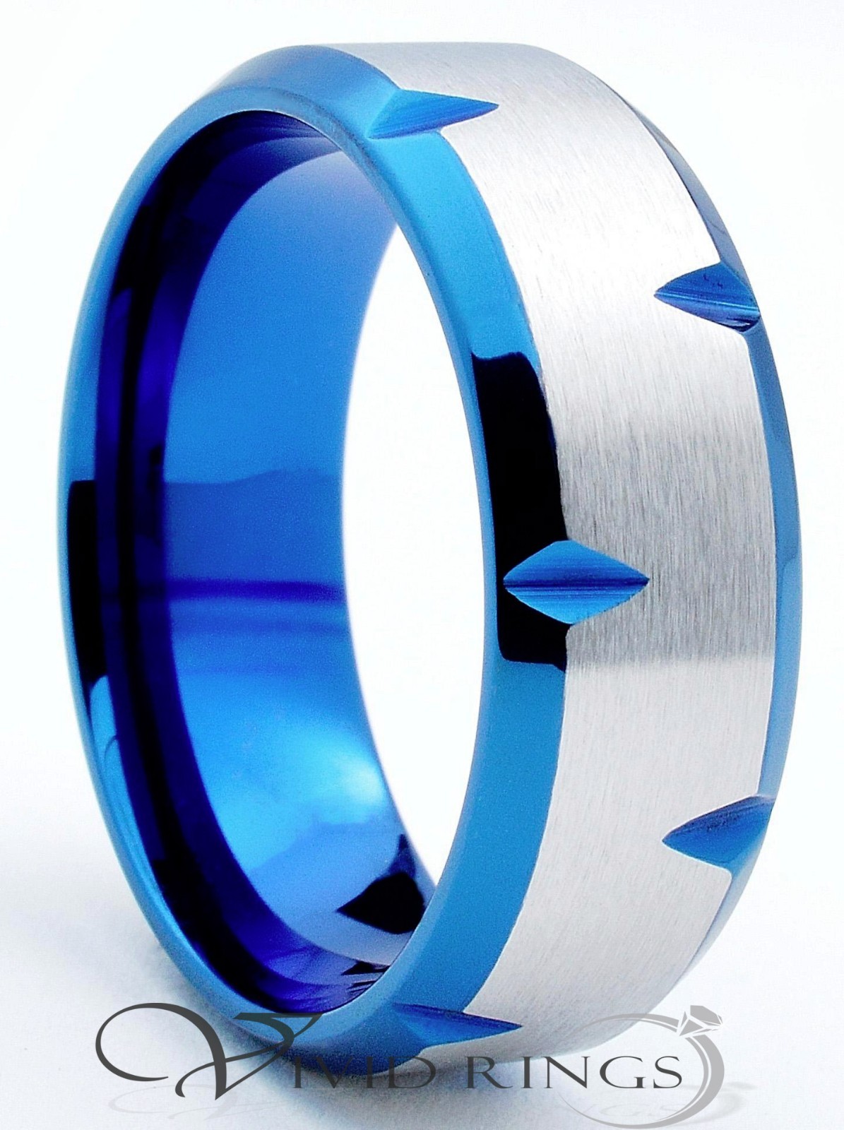 Men Stainless Steel Ring Blue Edge Faceted Band 316L 8mm Size 7 to 15