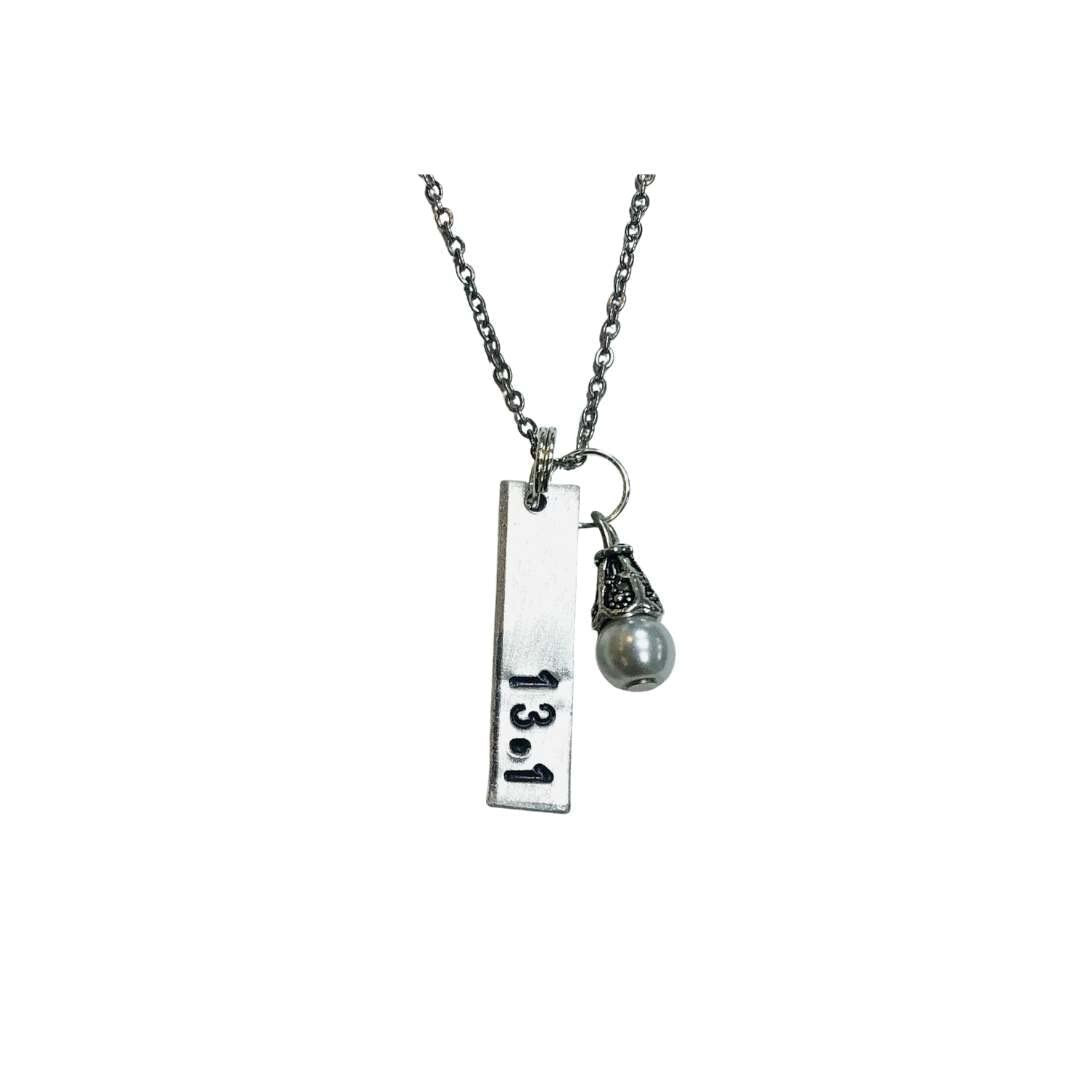 13.1 Half Marathon Runners Handstamped Bar Necklace with pearl, on 18 inch chain