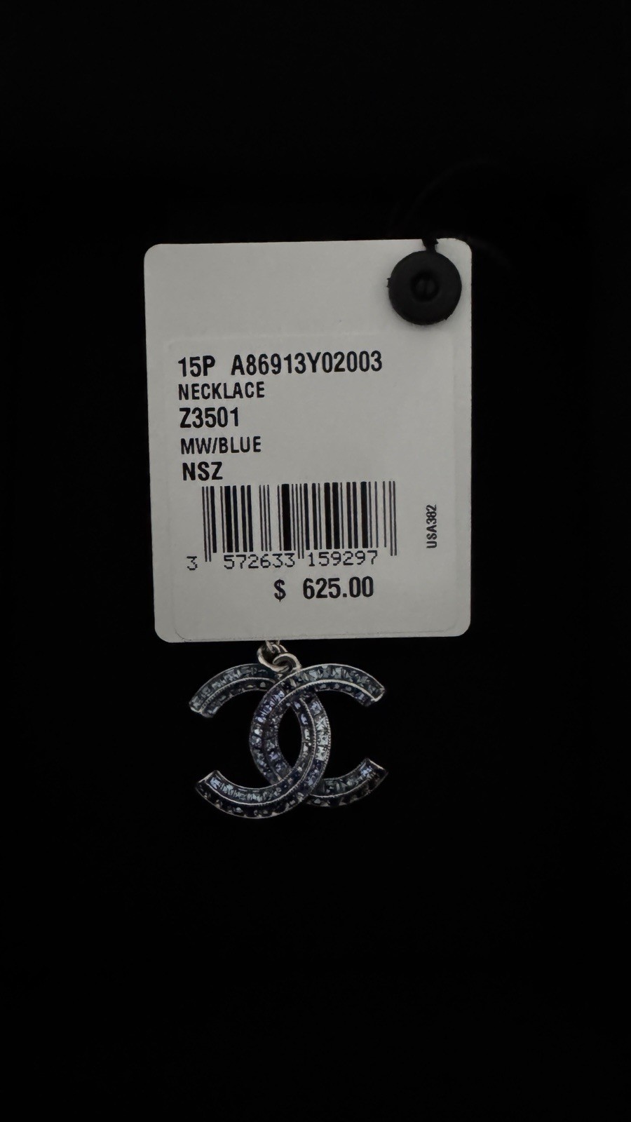 Chanel Chanel Blue Crystal and Silvertone Metal CC Pendant Necklace New With Tag