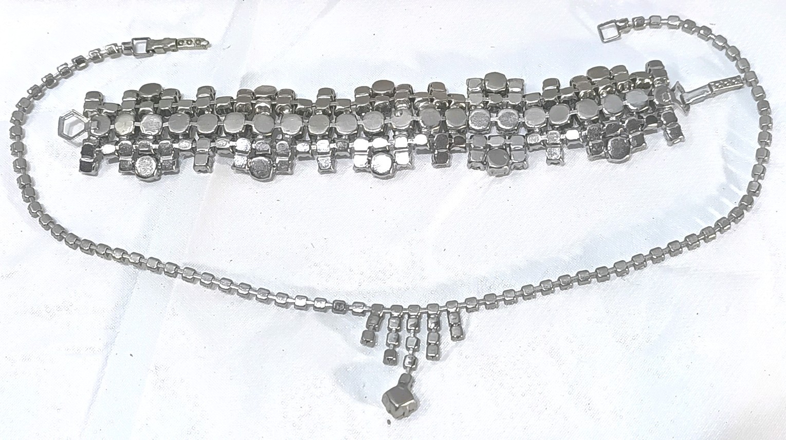 Vintage 1950s Clear Rhinestone Drop Fringe Necklace Choker 15″ & Bracelet 7″ Set