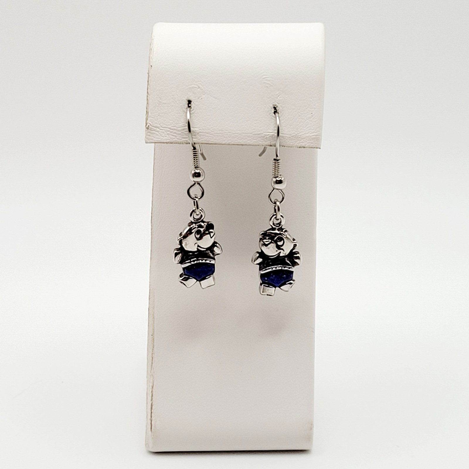 SW Waldeck Johnson Teddy Bear Lapis Lazuli Silver Tone Pierced Hook Earrings