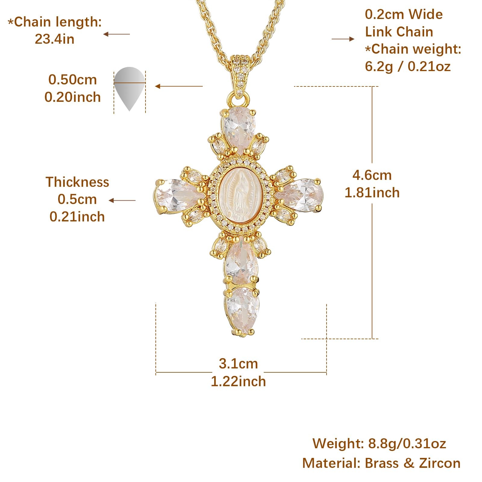 HZMAN Gold Cross Necklace for Women 18K Plated 4.6 cm x 3.1 cm, Silver