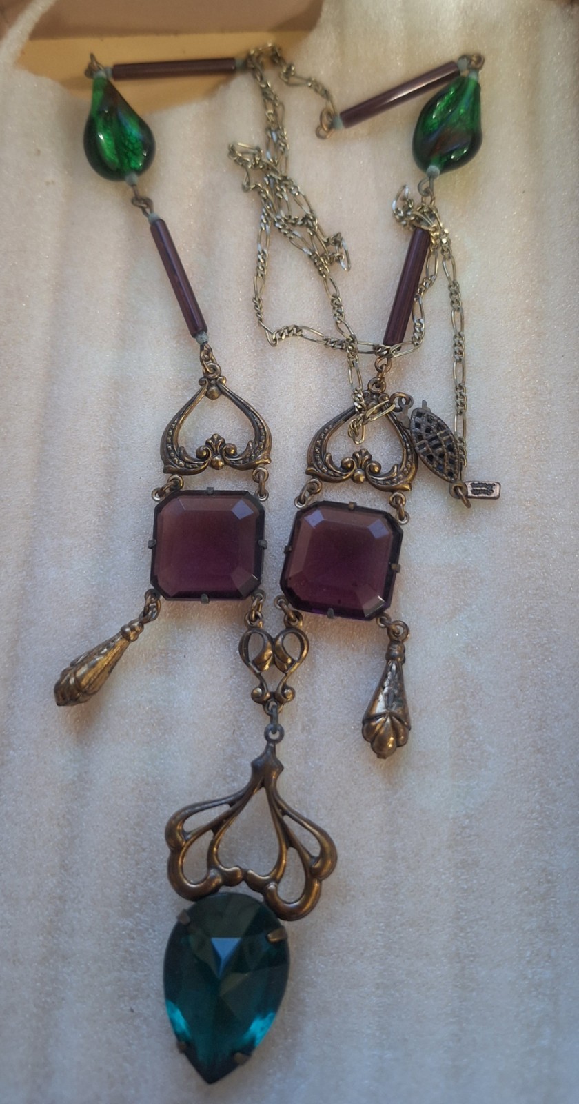Sadie Green signed art nouveau statement necklace green & purple glass