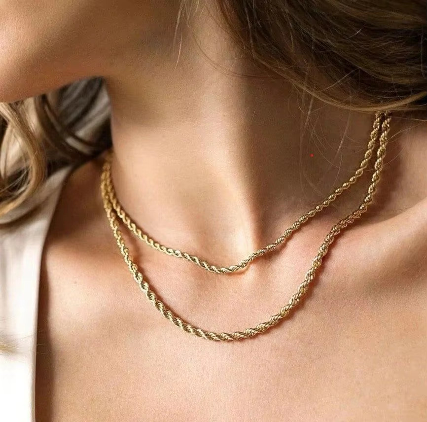Rope Twisted Chain Necklace for Men Women,Gold Silver Color Stainless Steel Chai