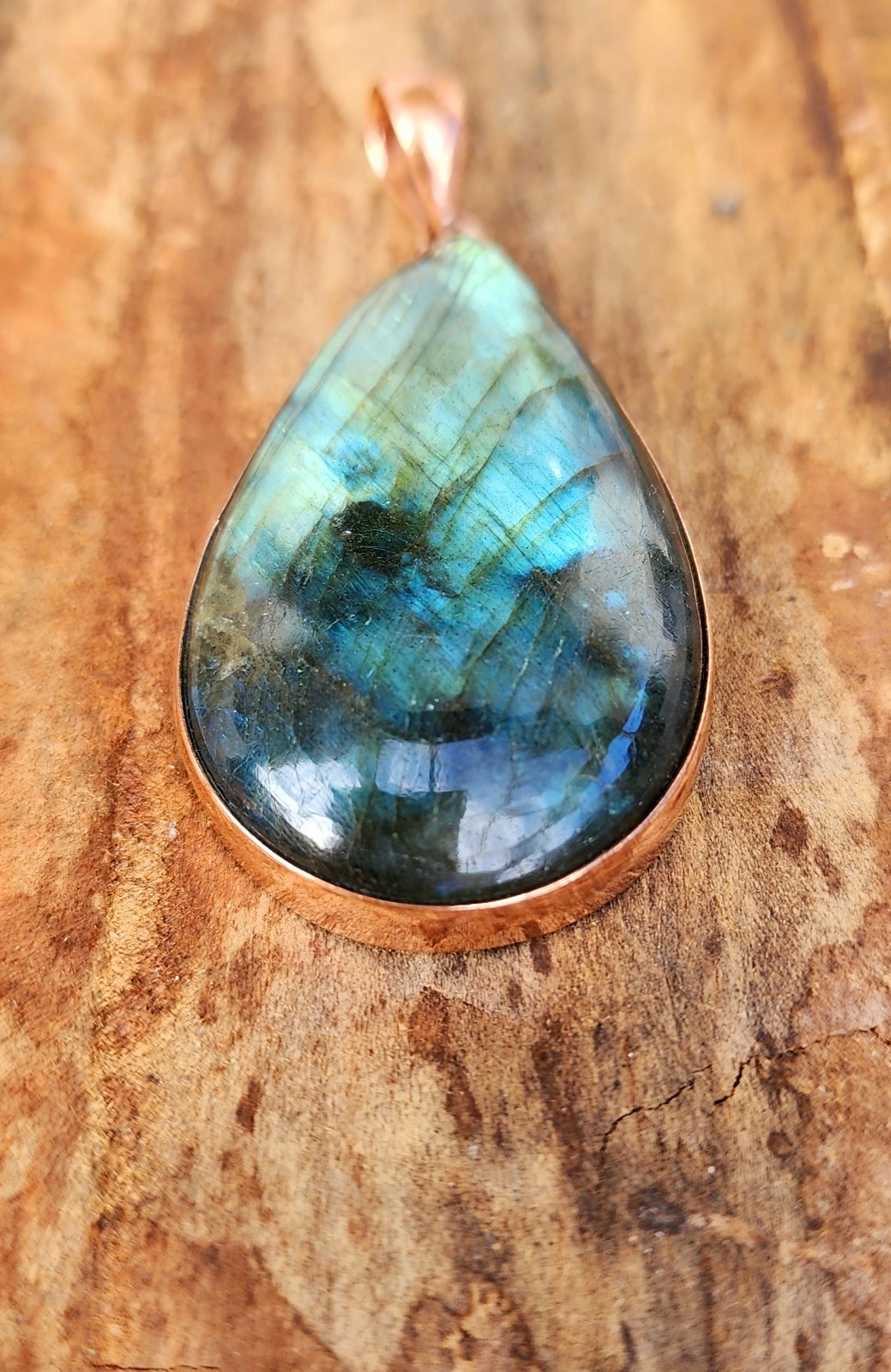 Labradorite TEARDROP PENDANT Blue Green Pear Stone Copper Bezel Set