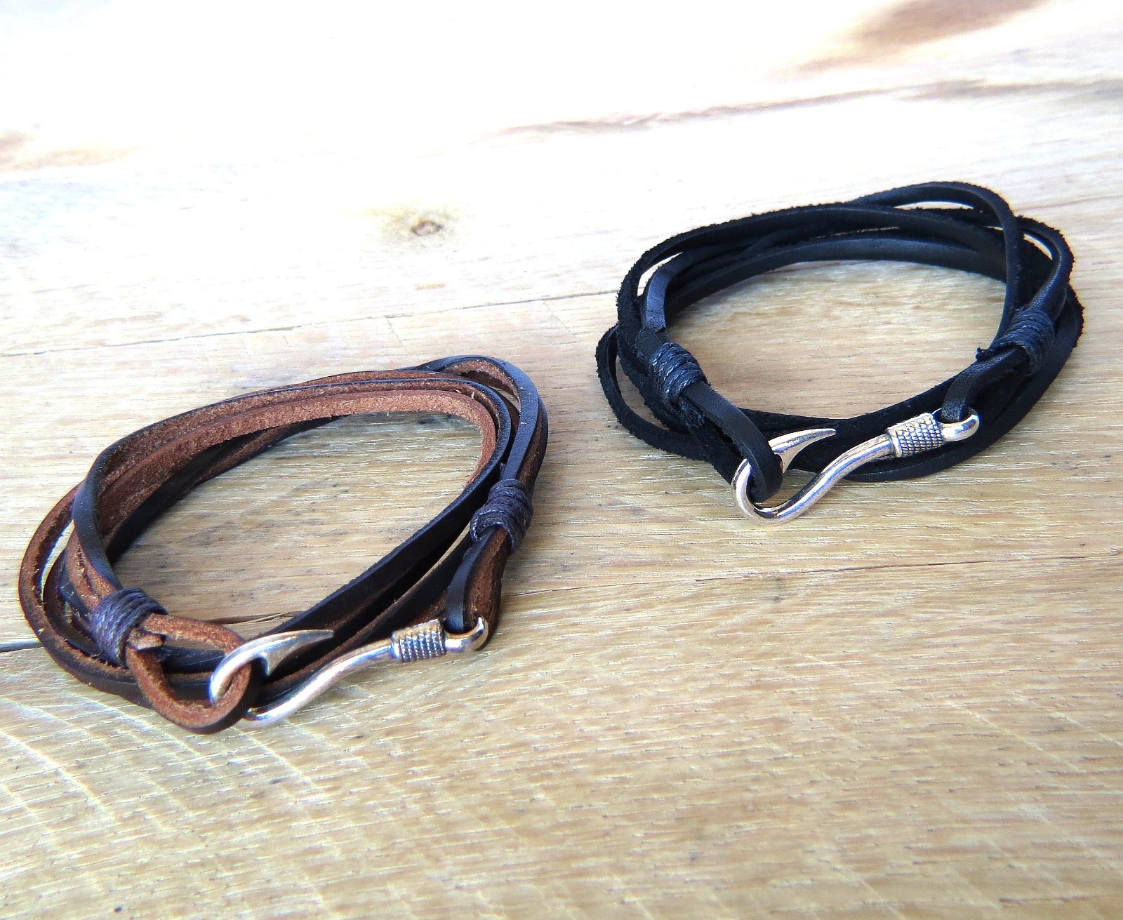 Vintage style Brown Genuine Leather & Antiqued Silver Fish Hook Clasp Bracelet