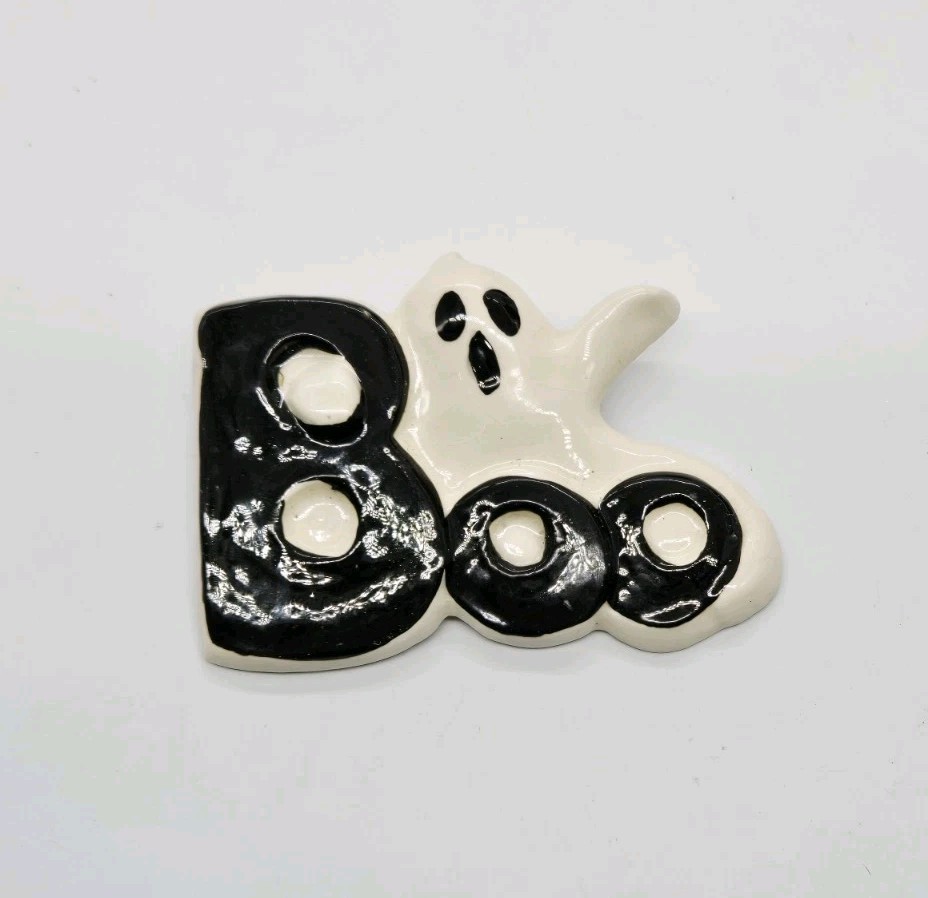 GHOST Brooch Black And White Ceramic Enamel Halloween BOO Artisan 2 in