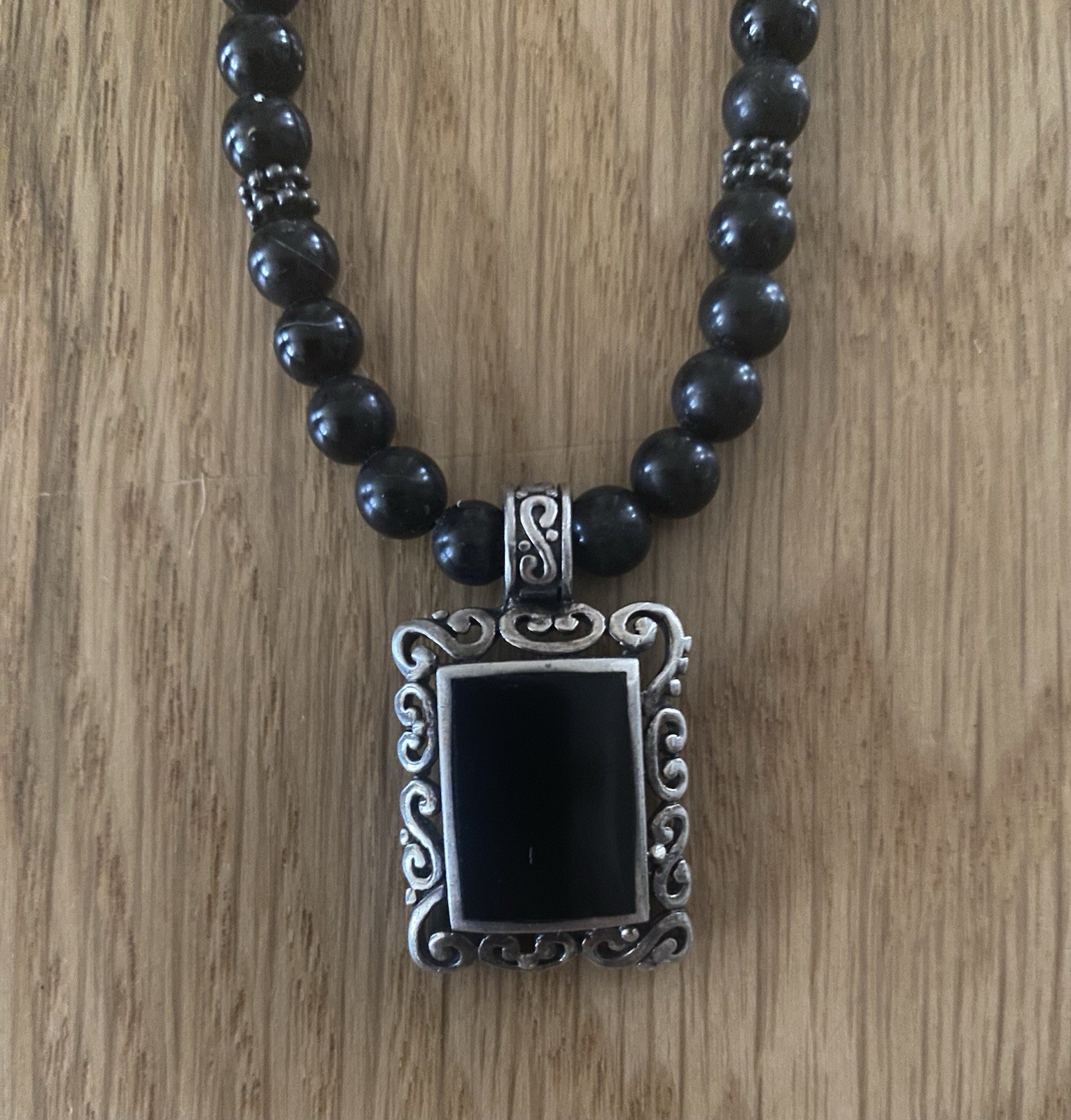 Black Onyx 925 Sterling Silver Beaded Necklace Rectangular Pendant 16-18” 30g