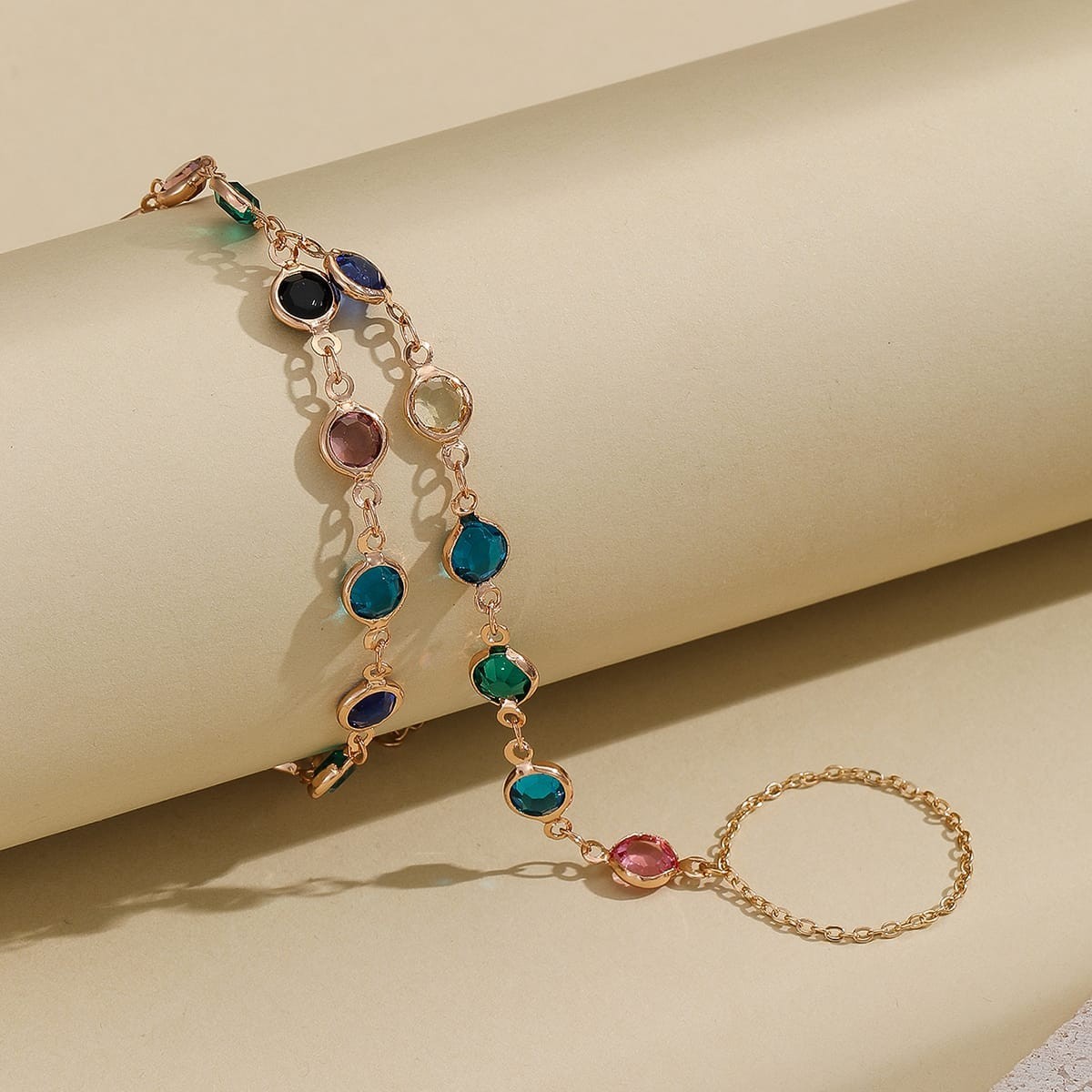 Boho Hand Chain Bracelet Ring Gold Tone Multicolor Accent Wrist Finger Jewelry