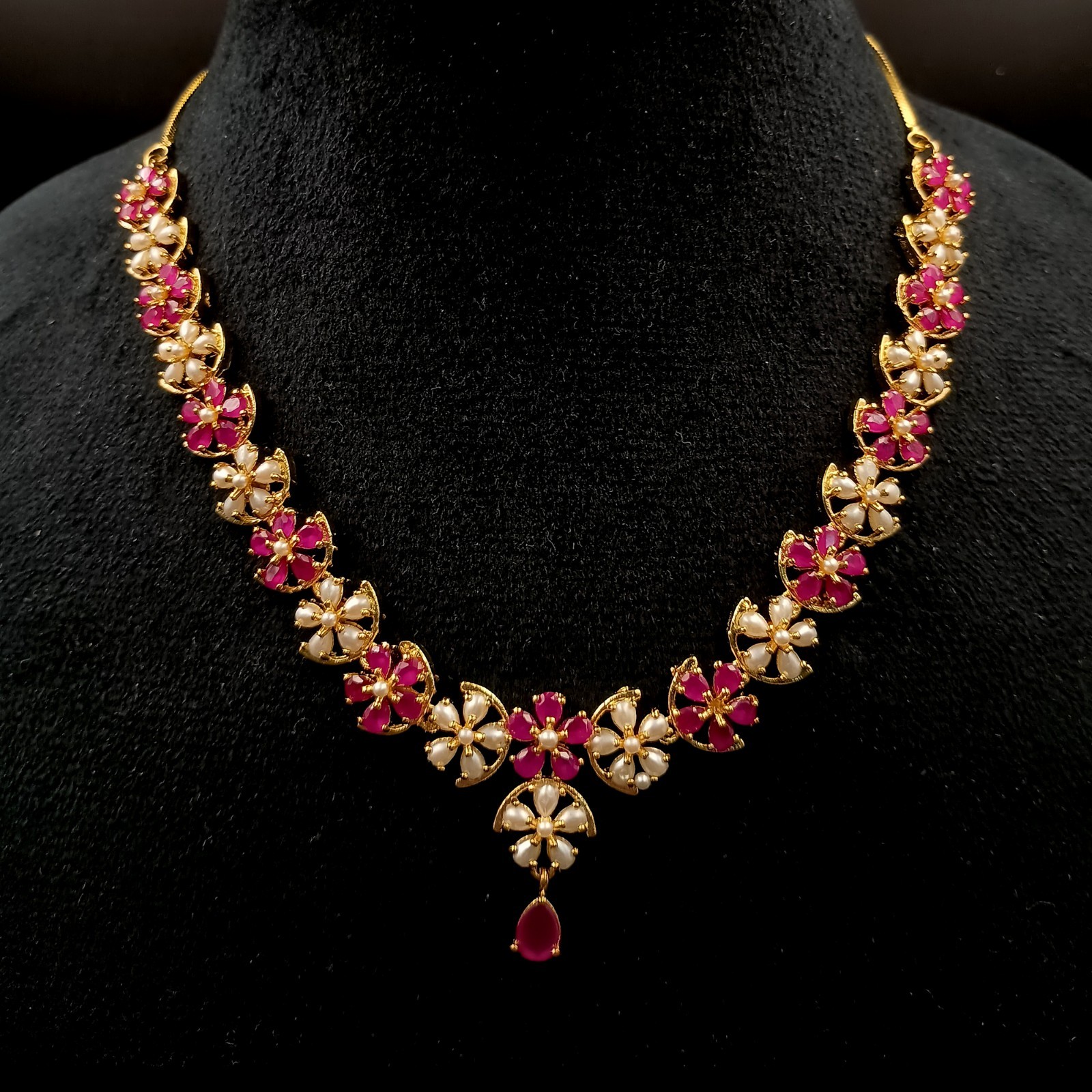 Traditional 22K Gold Plated Floral Ruby Pearl Necklace Set Statement Jewelry