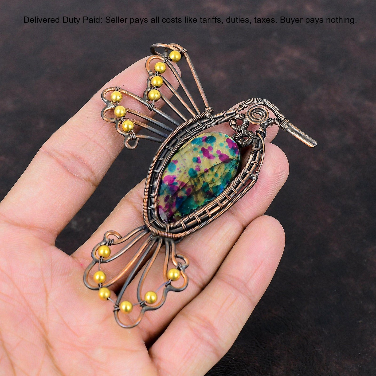 Natural Multi Fire Labradorite Copper Christmas Handmade Bird Daughter Pendant