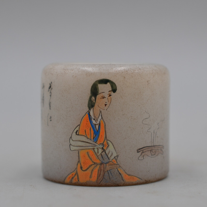 1.58 Inch Chinese Collection Exquisite Carving White Jade Personage Ring