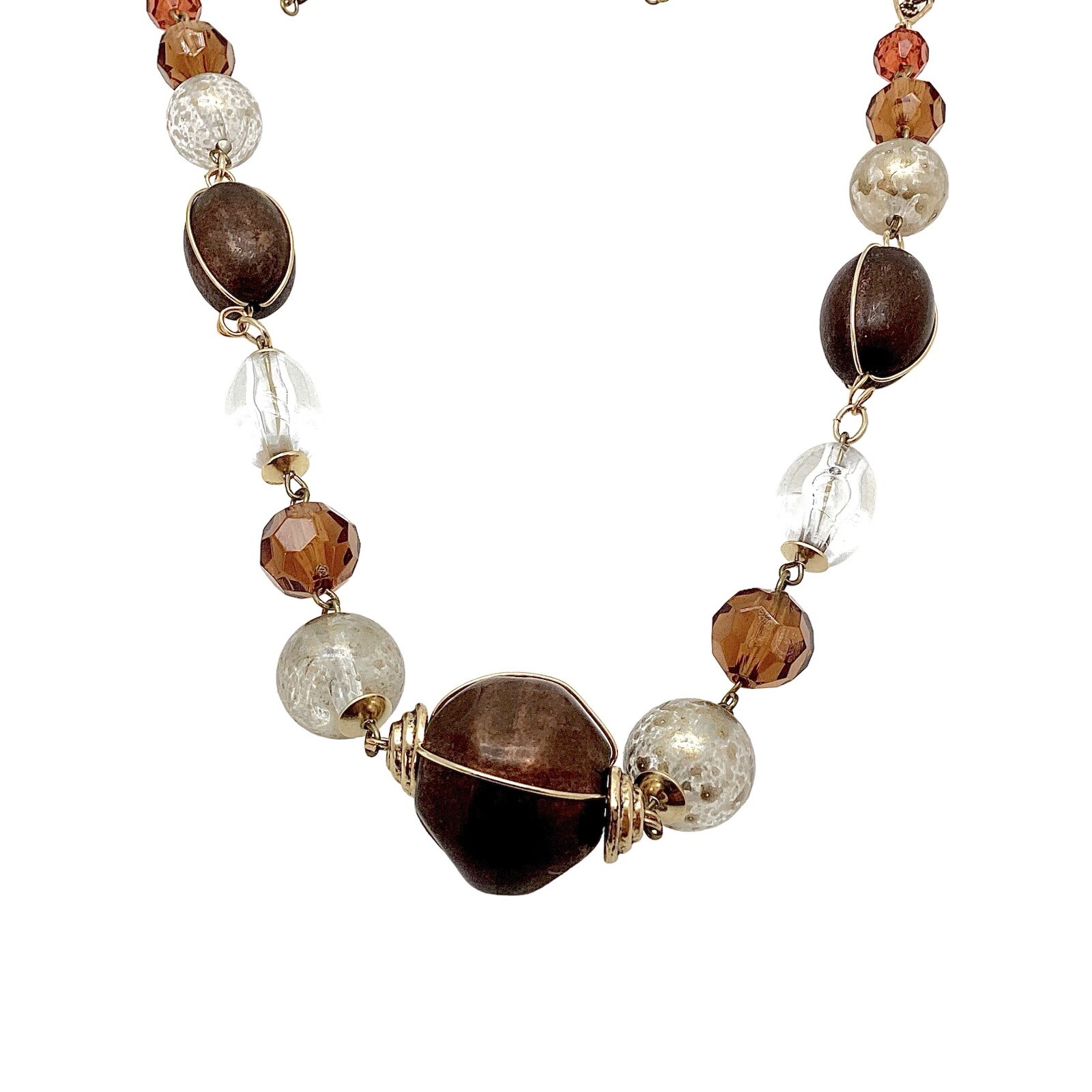 Italy Express 36” Long Beaded Necklace Gold Tone Mixed Materials Statement