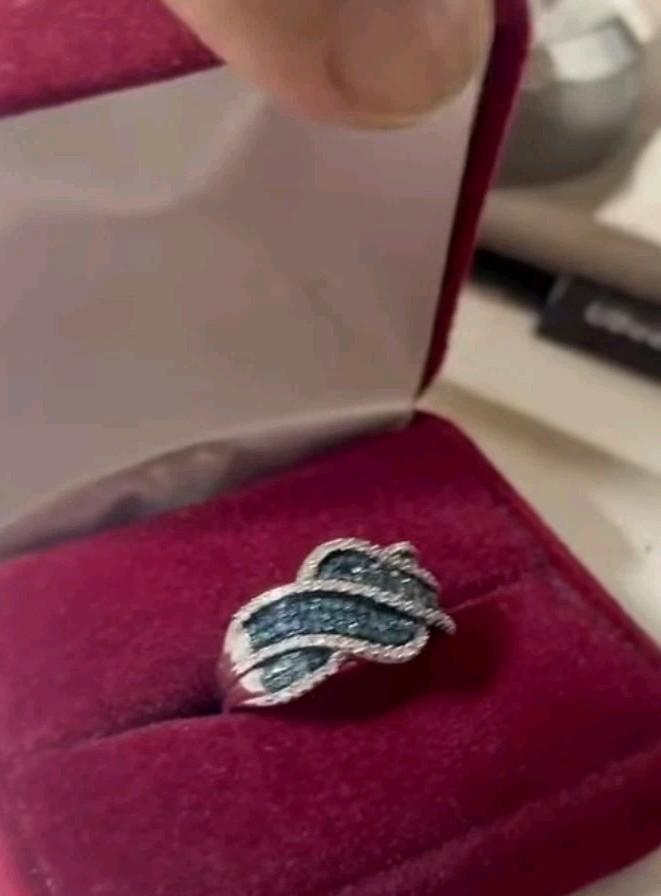 Silver Tone Blue & Clear Crystal Pavé Wave Band Ring, Size 7