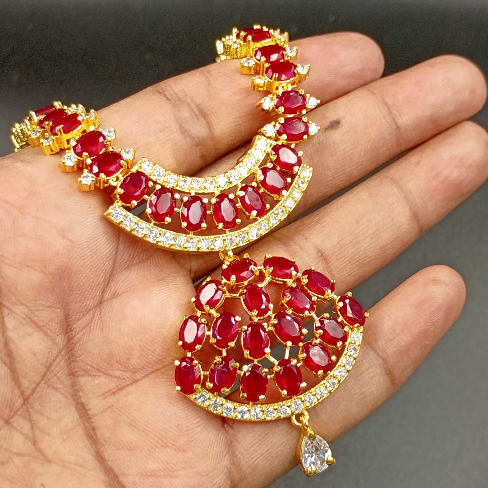 Bollywood 22K Gold Plated Ruby Necklace Set Traditional Wedding Wear Oval Stone