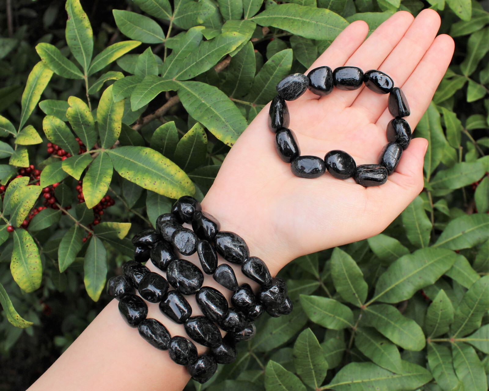 Black Tourmaline Tumbled Gemstone Bracelet 6-8 mm Nuggets (Stretch Bracelet)