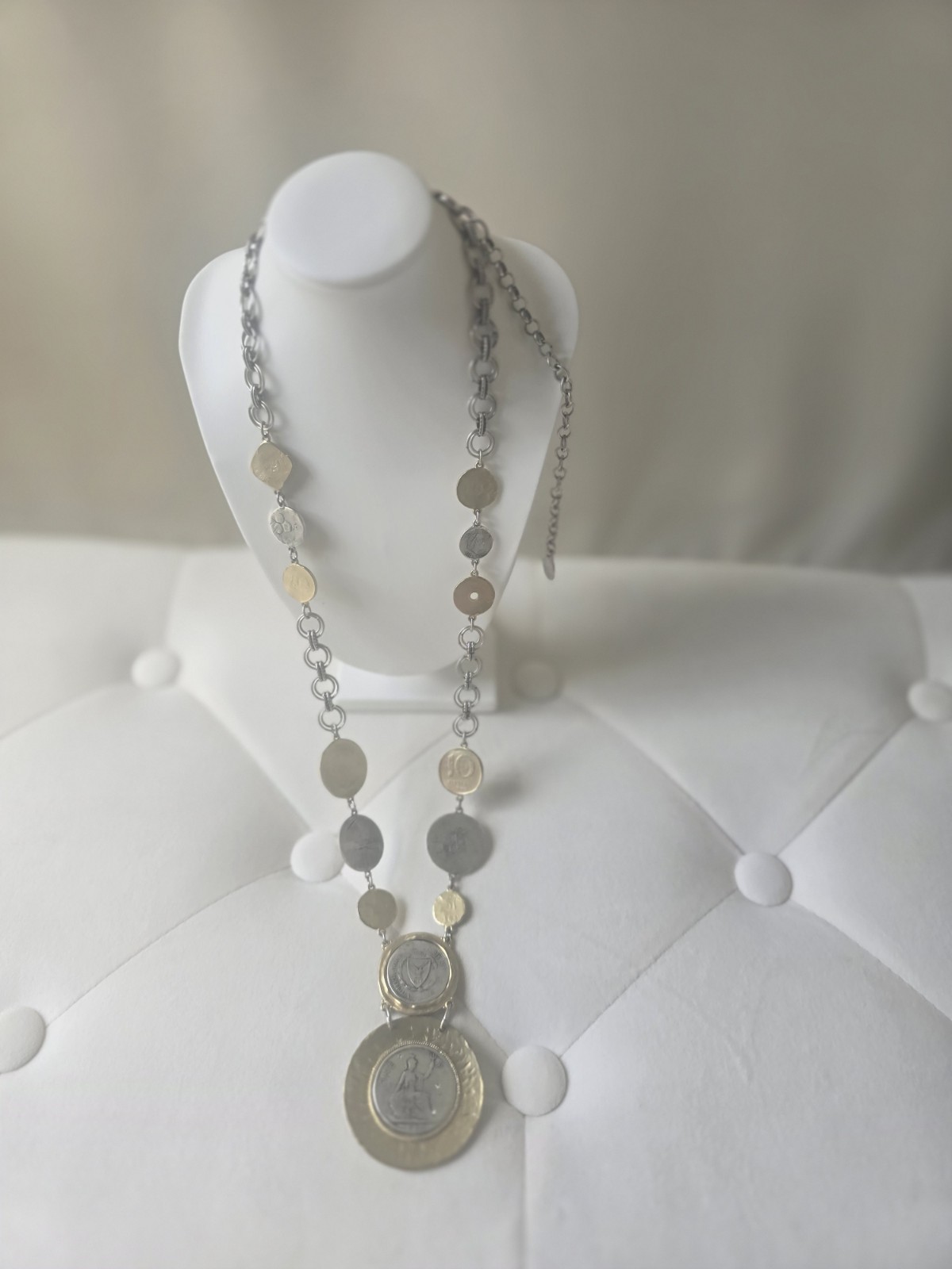 Chico’s Long Mixed Metal Necklace Silver Gold Tone Coin Medallion Stations