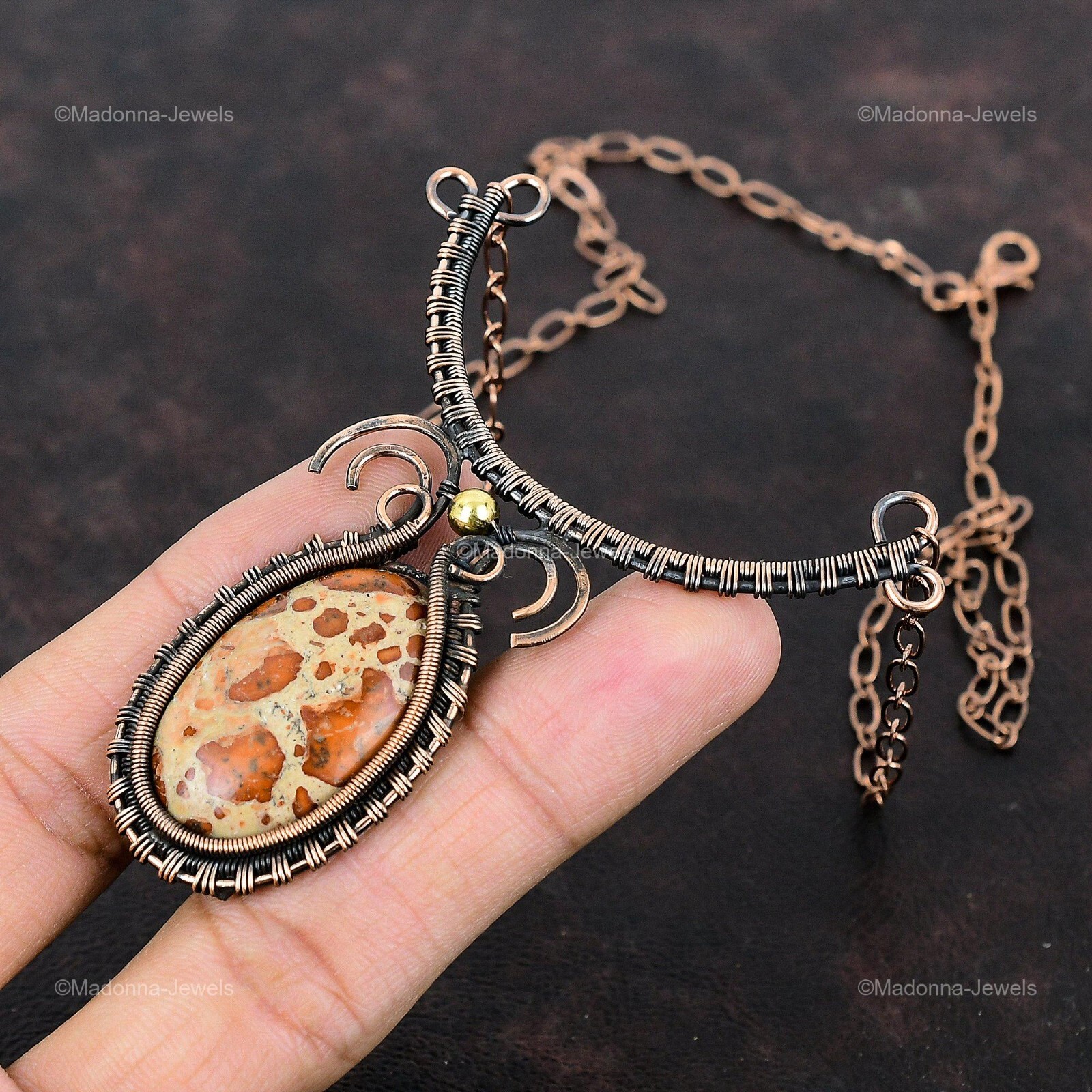 Oval Asteroid Jasper Gemstone Copper Sister Chain Wire Wrapped Birthday Necklace
